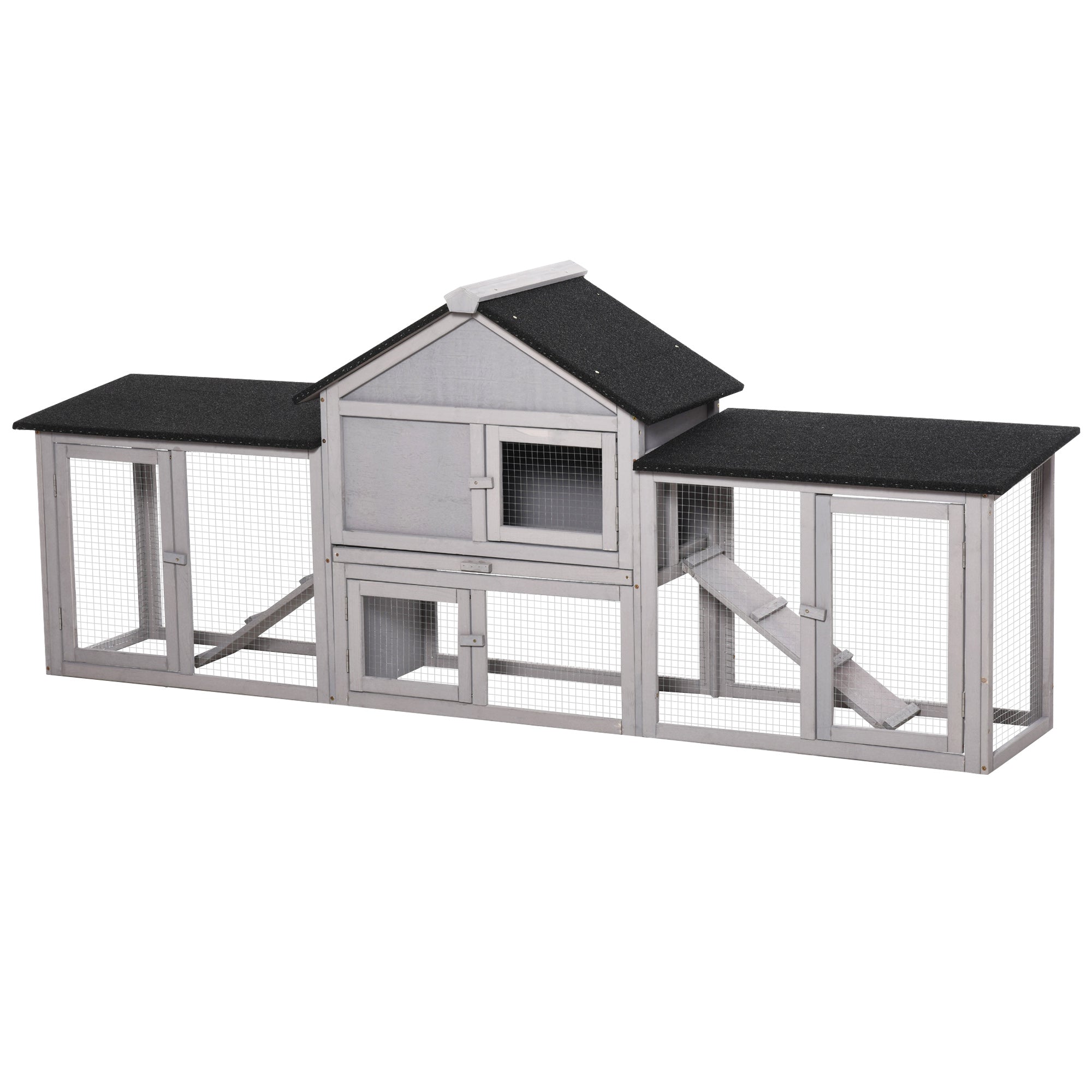 Large Rabbit Hutch Wood Bunny Cage Outdoor Guinea Pig House with Double Runs Slide Out Tray Ramps, 83"x18"x33", Grey