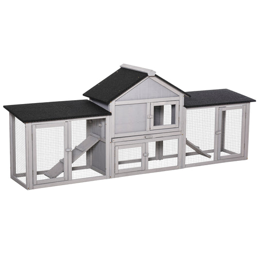 Large Rabbit Hutch Wood Bunny Cage Outdoor Guinea Pig House with Double Runs Slide Out Tray Ramps, 83"x18"x33", Grey