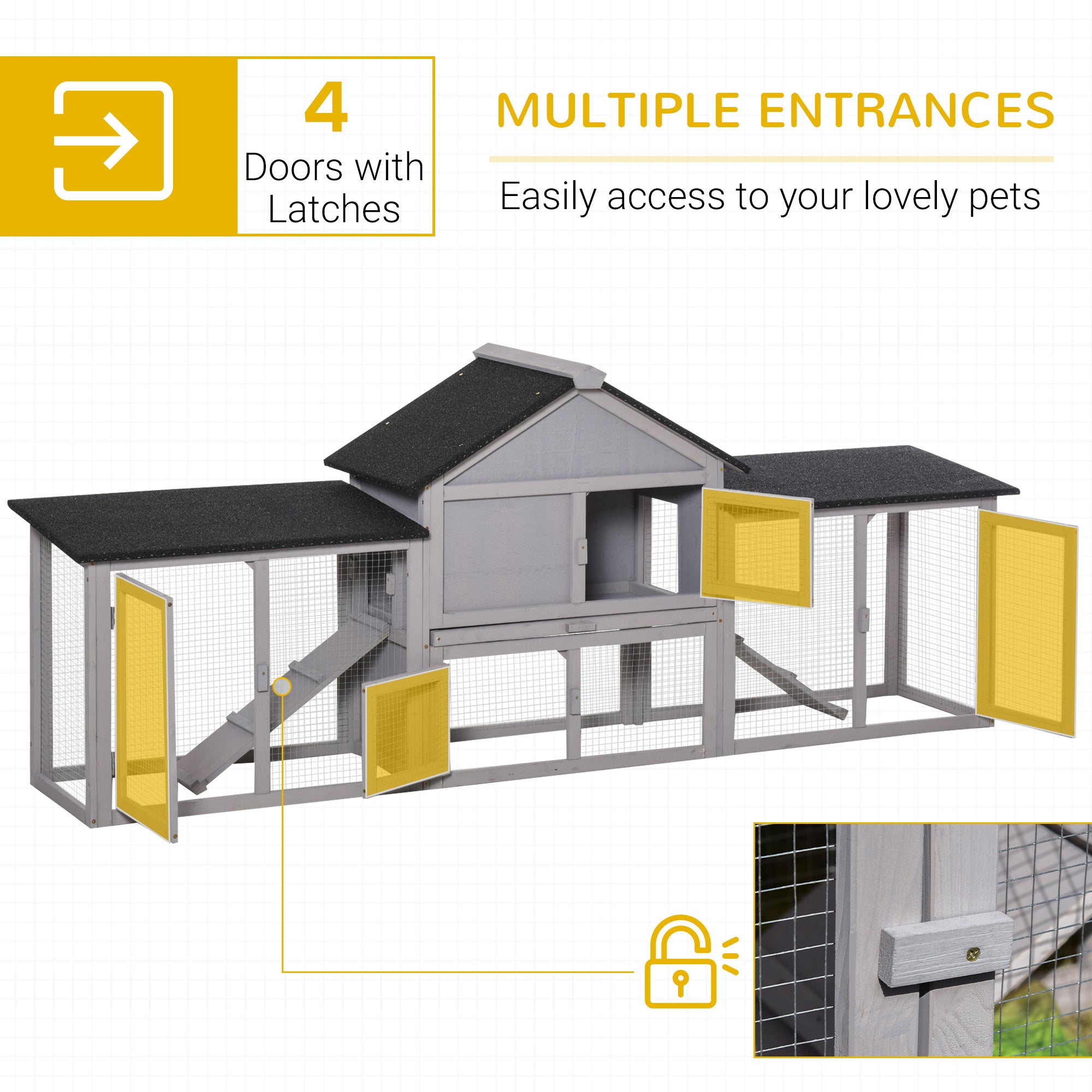 PawHut 83" L Outdoor Rabbit Hutch with Double Runs, Large Guinea Pig Cage Indoor, Wooden Bunny Hutch with Weatherproof Roof, Removable Tray, Ramps, Gray