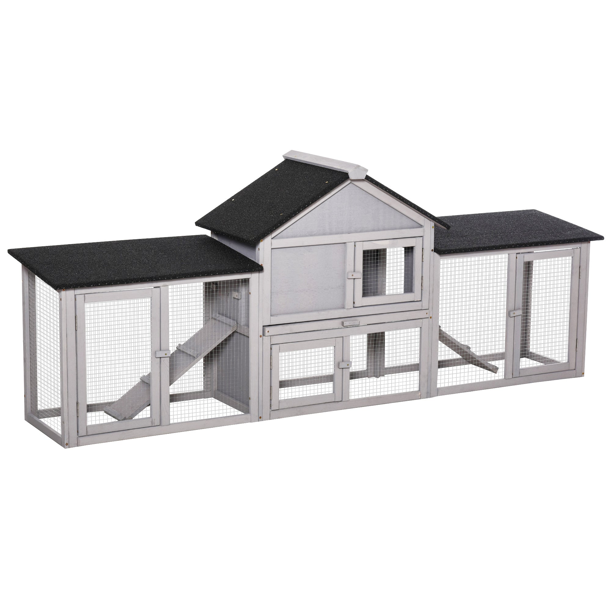 Large Rabbit Hutch Wood Bunny Cage Outdoor Guinea Pig House with Double Runs Slide Out Tray Ramps, 83"x18"x33", Grey