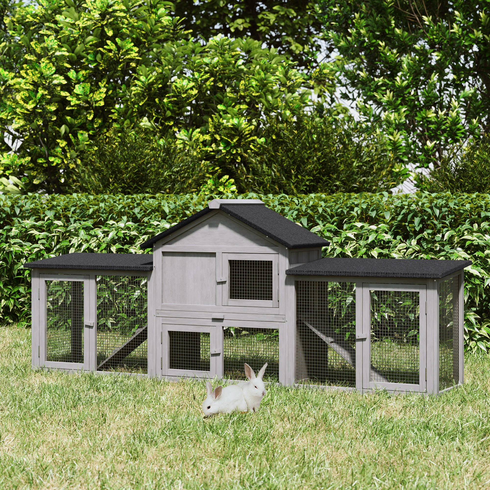 Large Rabbit Hutch Wood Bunny Cage Outdoor Guinea Pig House with Double Runs Slide Out Tray Ramps, 83"x18"x33", Grey