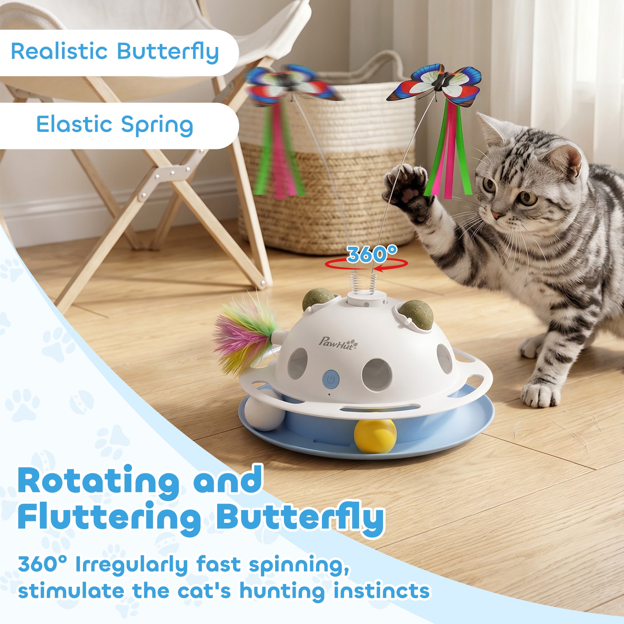 4-in-1 Interactive Cat Toys for Indoor Cats Adult, Automatic Smart Sensing Kitten Toy with Spinning Butterfly, Shooting Feathers & Catnip Balls, Dual Power Mode for Boredom Relief