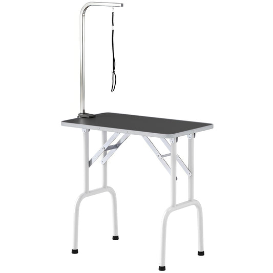 32" Foldable Dog Grooming Table Pet Drying Beauty Table with 20-60cm Adjustable Arm, Rubber Top, Black