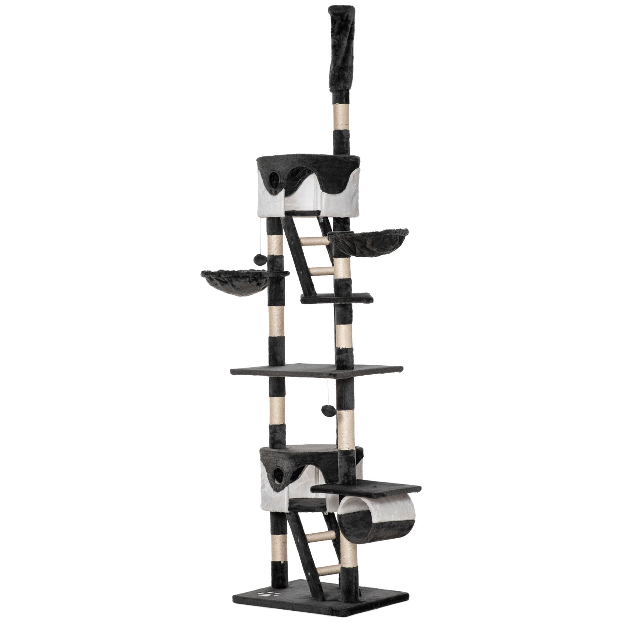 Cat Tower for Large Cats Adult, Floor to Ceiling Cat Tree Adjustable Height 94"-102" Multi-Level with Scratching Posts, Cozy Hammock, Dangling Ball Toy, White