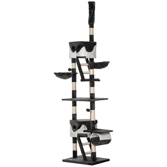 Cat Tower for Large Cats Adult, Floor to Ceiling Cat Tree Adjustable Height 94"-102" Multi-Level with Scratching Posts, Cozy Hammock, Dangling Ball Toy, White