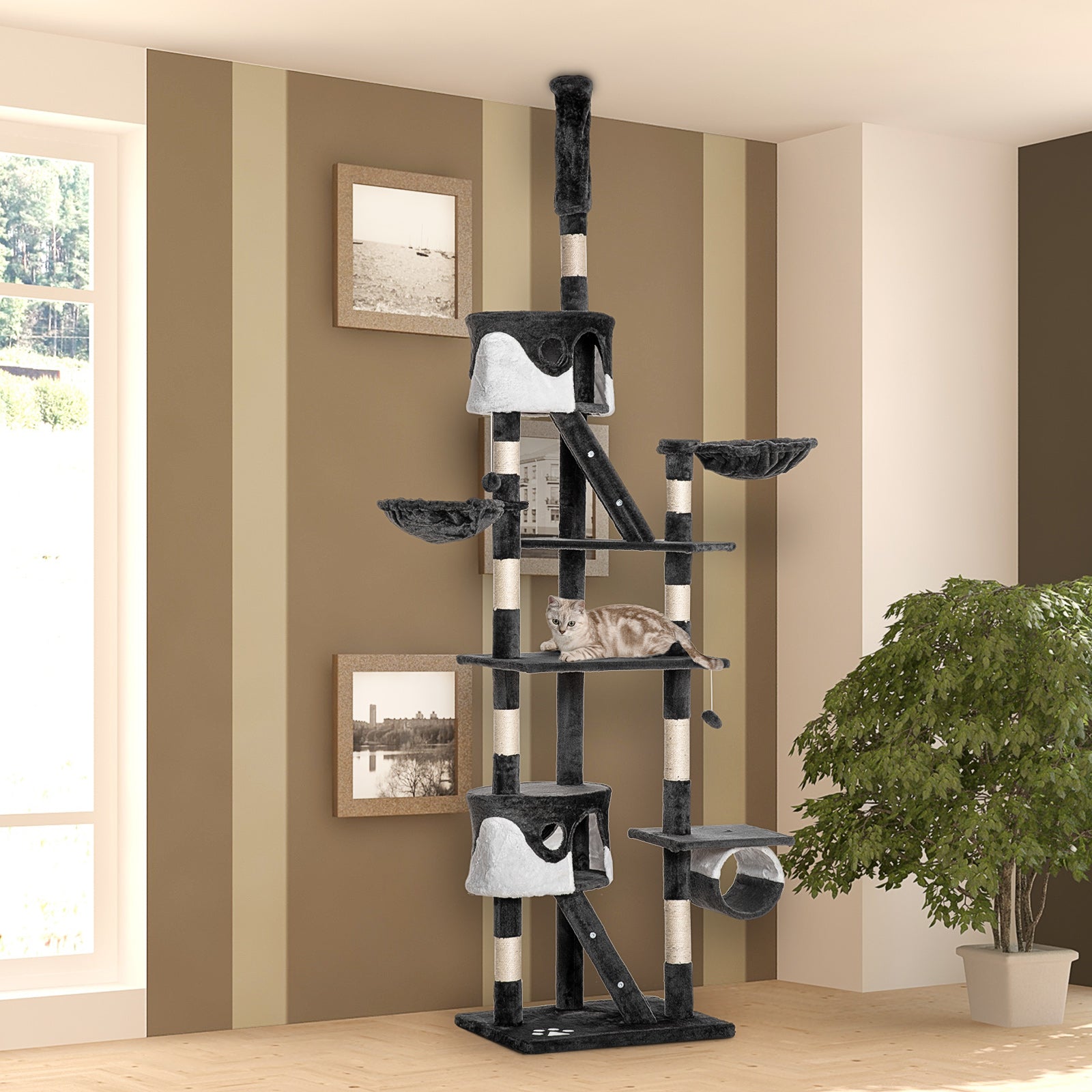 Pawhut Floor to Ceiling Cat Tree, 240-260cm Adjustable Height Kitten ...