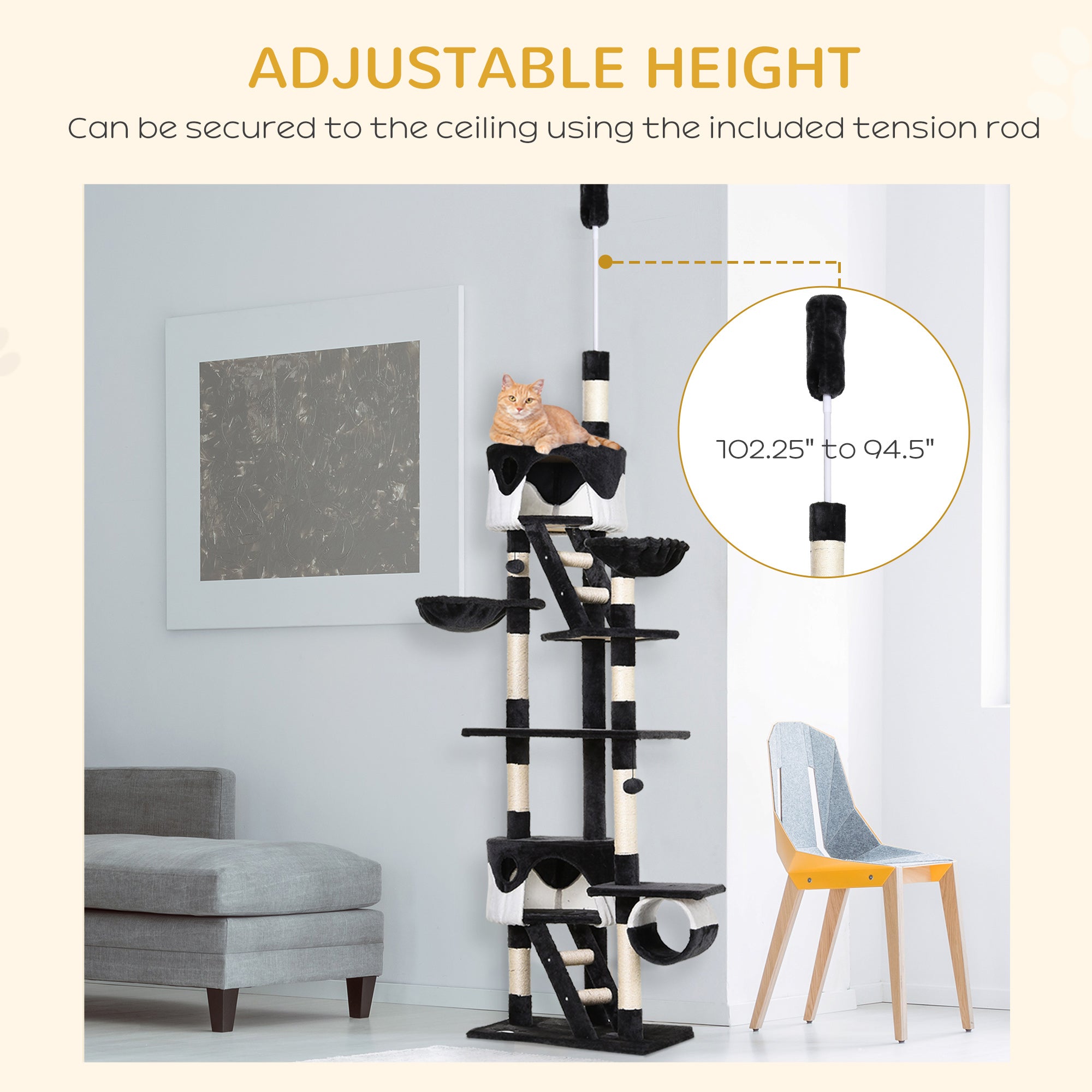 Cat Tower for Large Cats Adult, Floor to Ceiling Cat Tree Adjustable Height 94"-102" Multi-Level with Scratching Posts, Cozy Hammock, Dangling Ball Toy, White
