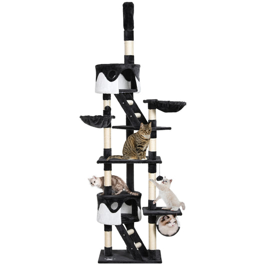 Cat Tower for Large Cats Adult, Floor to Ceiling Cat Tree Adjustable Height 94"-102" Multi-Level with Scratching Posts, Cozy Hammock, Dangling Ball Toy, White