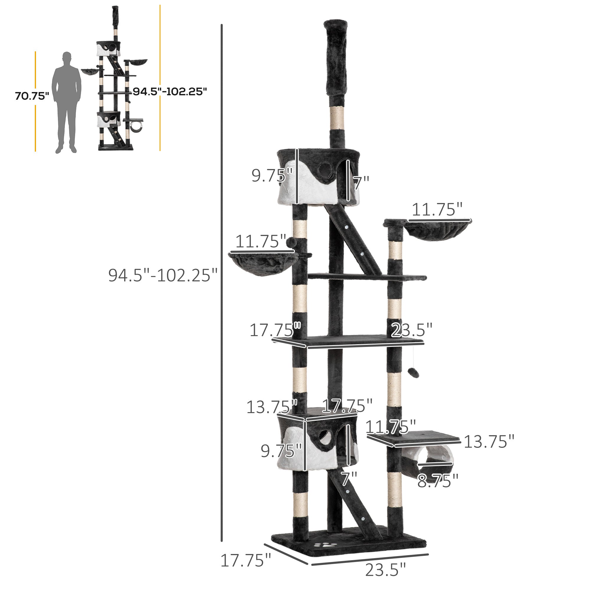 Cat Tower for Large Cats Adult, Floor to Ceiling Cat Tree Adjustable Height 94"-102" Multi-Level with Scratching Posts, Cozy Hammock, Dangling Ball Toy, White