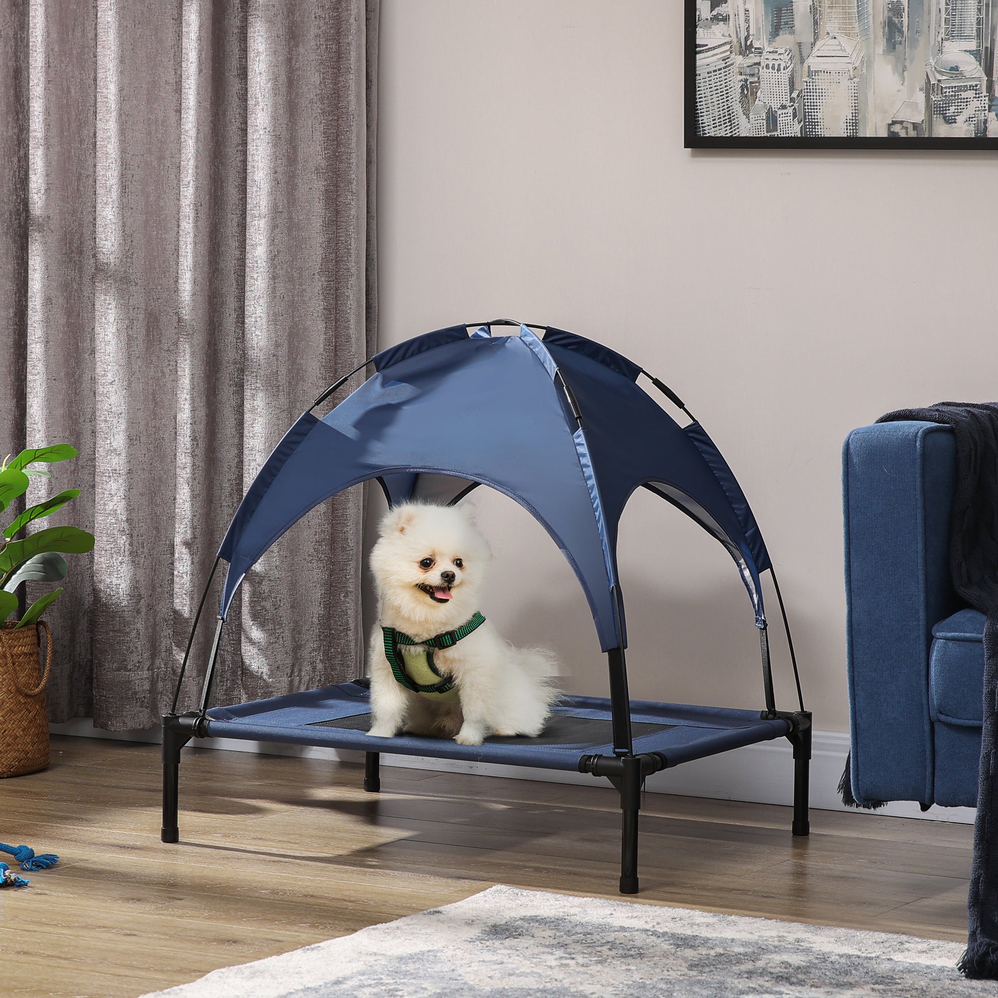Elevated Dog Bed with Canopy, Portable Raised Dog Cot for M Sized Dogs, Indoor & Outdoor, 30" x 24" x 29", Dark Blue