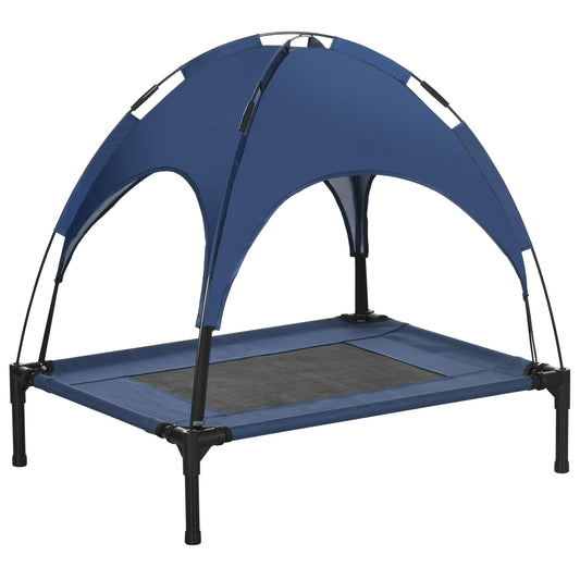 Elevated Dog Bed with Canopy, Portable Raised Dog Cot for M Sized Dogs, Indoor & Outdoor, 30" x 24" x 29", Dark Blue