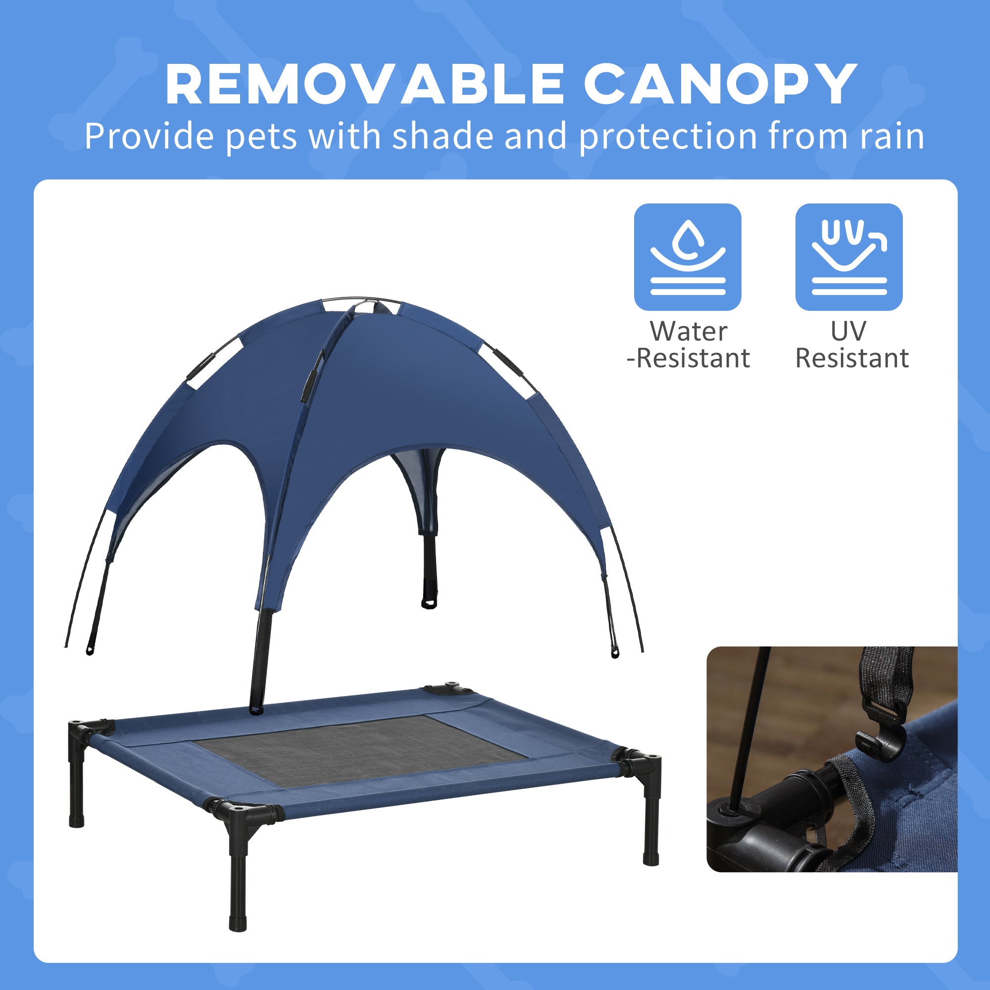 Elevated Dog Bed with Canopy, Portable Raised Dog Cot for M Sized Dogs, Indoor & Outdoor, 30" x 24" x 29", Dark Blue