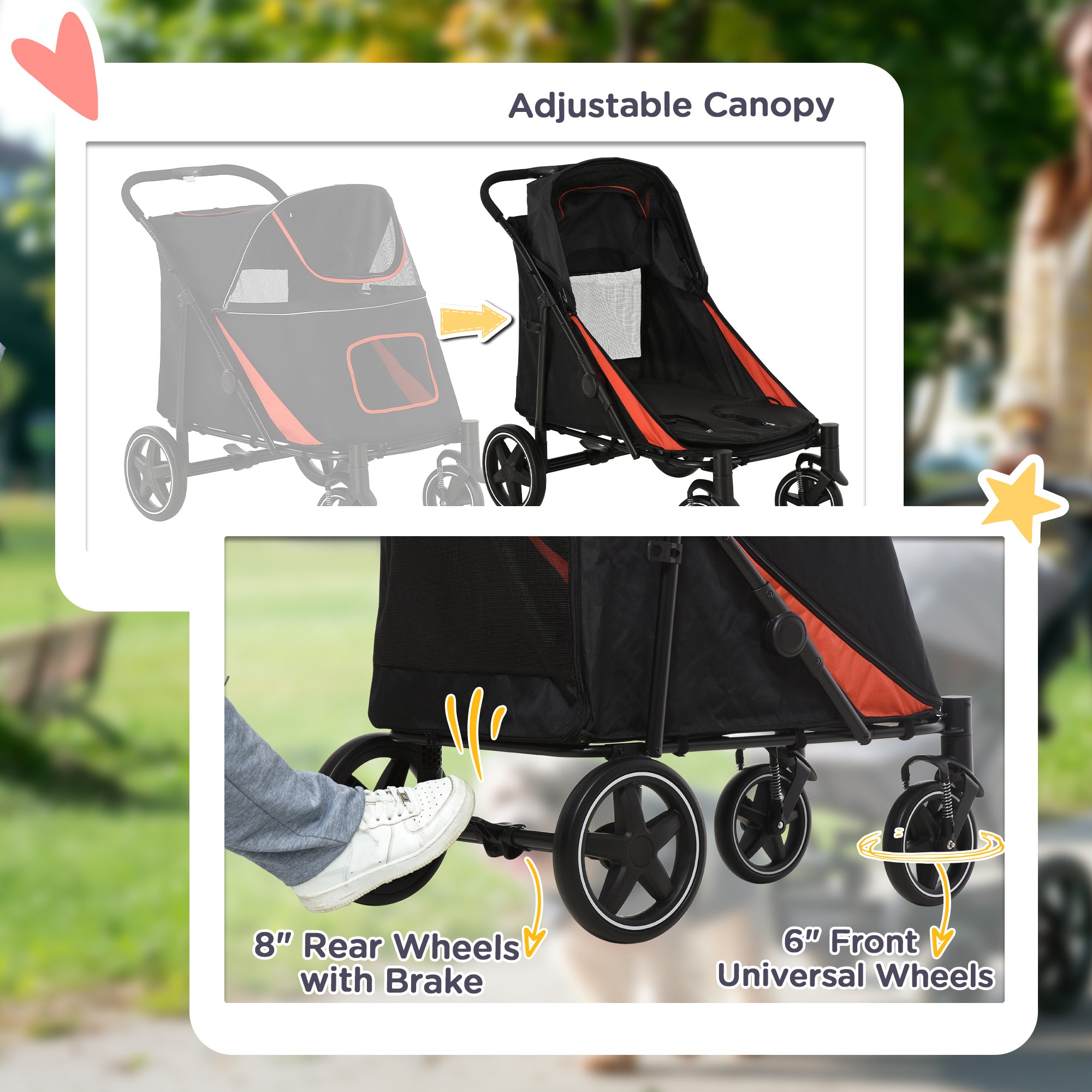 Pet Stroller with Universal Front Wheels, Shock Absorber, One-Click Foldable Dog Cat Carriage with Brakes, Storage Bags, Safety Leash for Large & Medium Dogs, Black