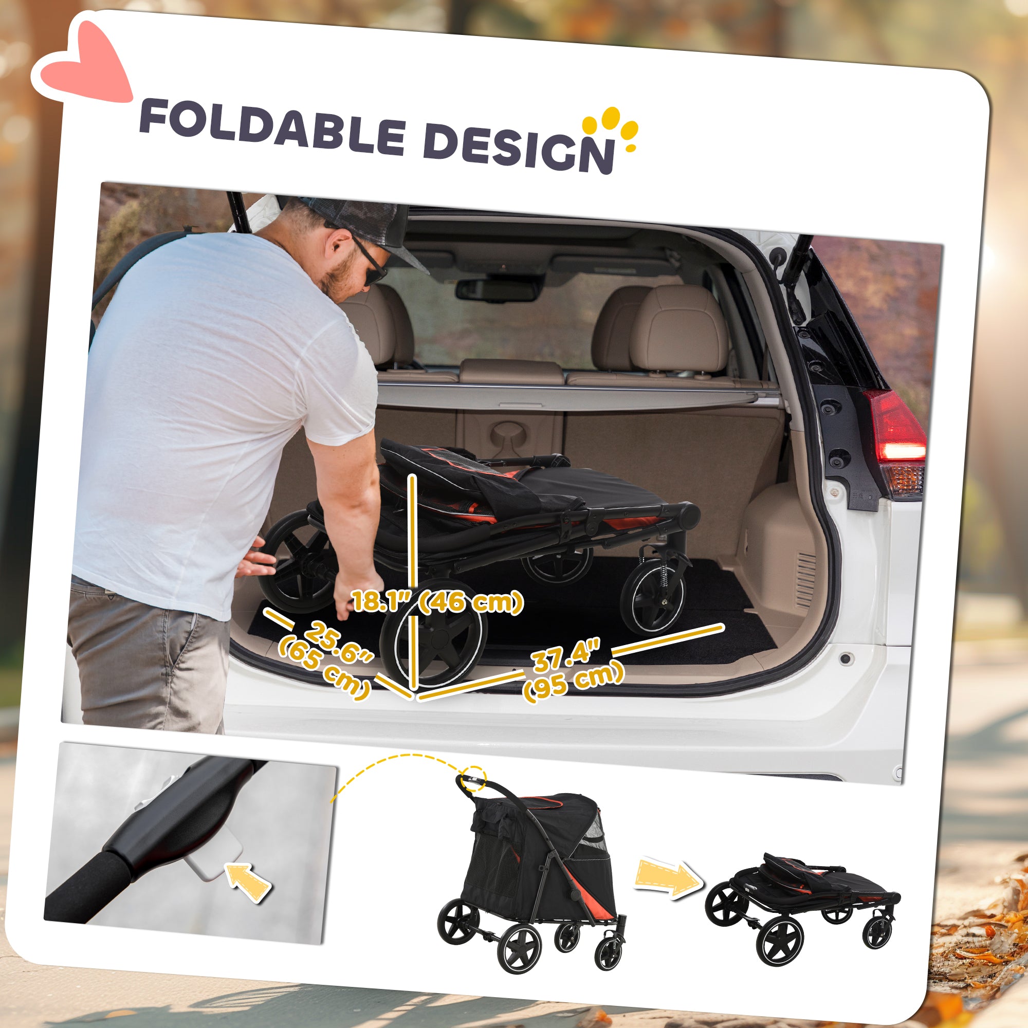Pet Stroller with Universal Front Wheels, Shock Absorber, One-Click Foldable Dog Cat Carriage with Brakes, Storage Bags, Safety Leash for Large & Medium Dogs, Black