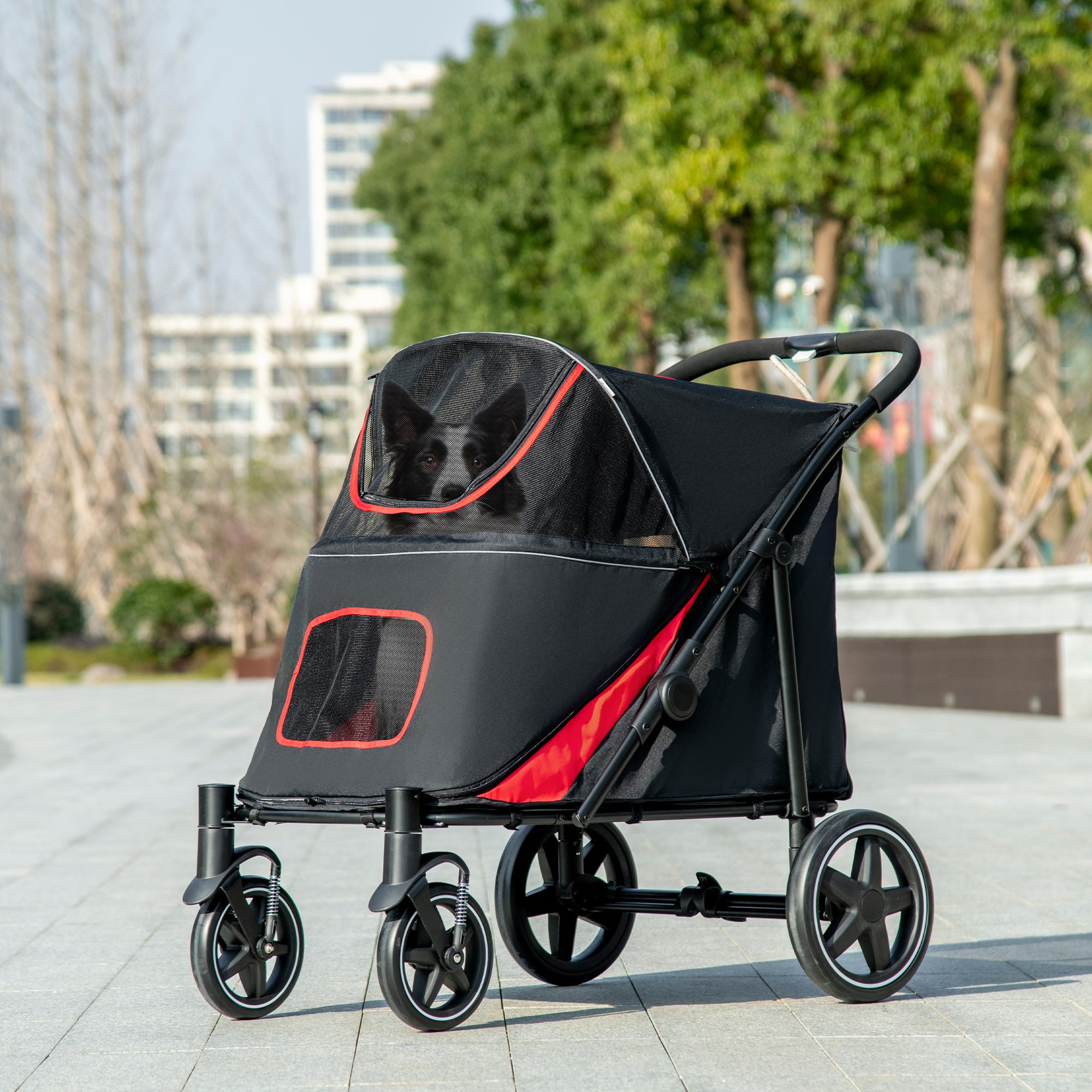 Pet Stroller with Universal Front Wheels, Shock Absorber, One-Click Foldable Dog Cat Carriage with Brakes, Storage Bags, Safety Leash for Large & Medium Dogs, Black