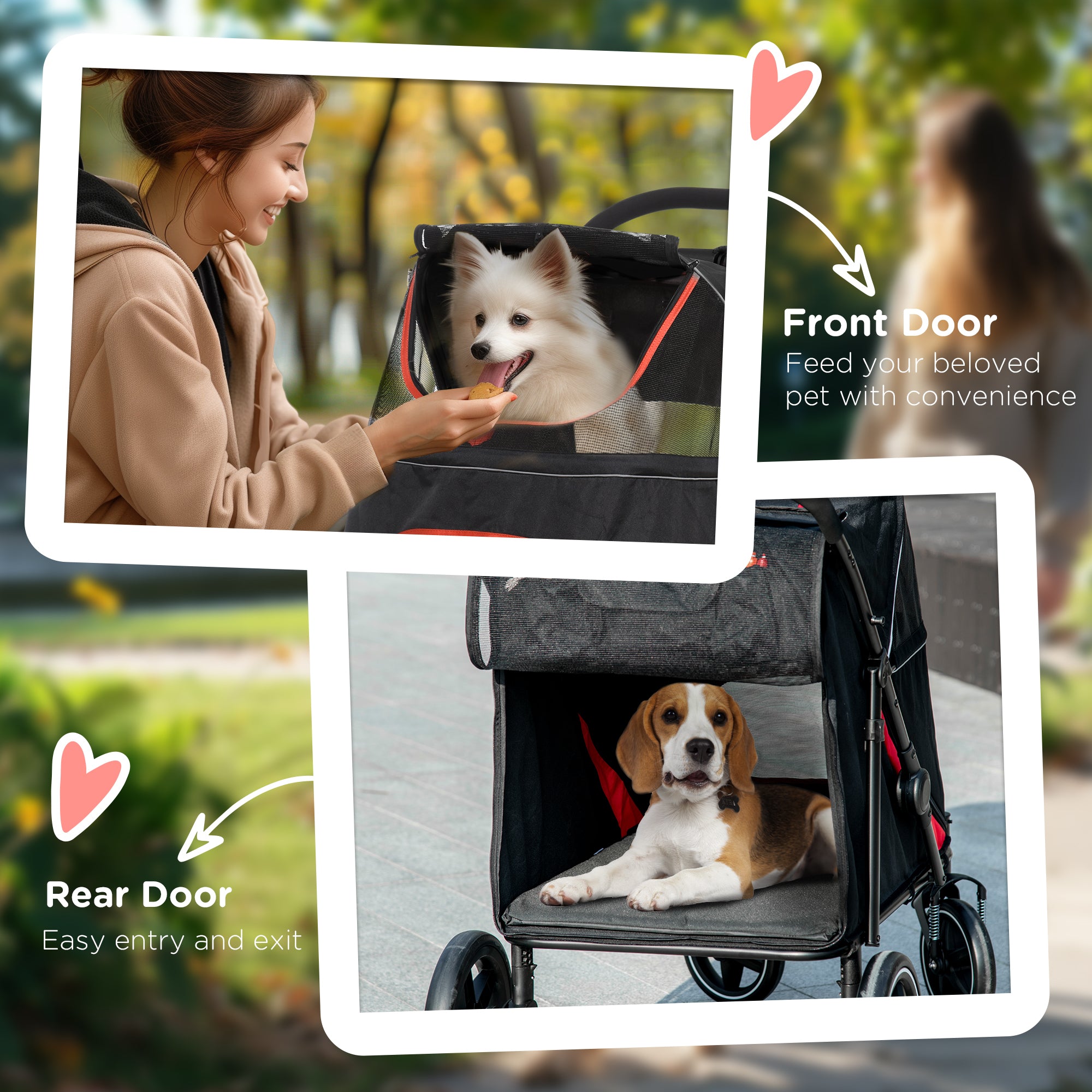 Pet Stroller with Universal Front Wheels, Shock Absorber, One-Click Foldable Dog Cat Carriage with Brakes, Storage Bags, Safety Leash for Large & Medium Dogs, Black