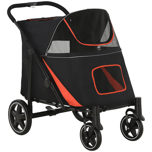 Pet Stroller with Universal Front Wheels, Shock Absorber, One-Click Foldable Dog Cat Carriage with Brakes, Storage Bags, Safety Leash for Large & Medium Dogs, Black
