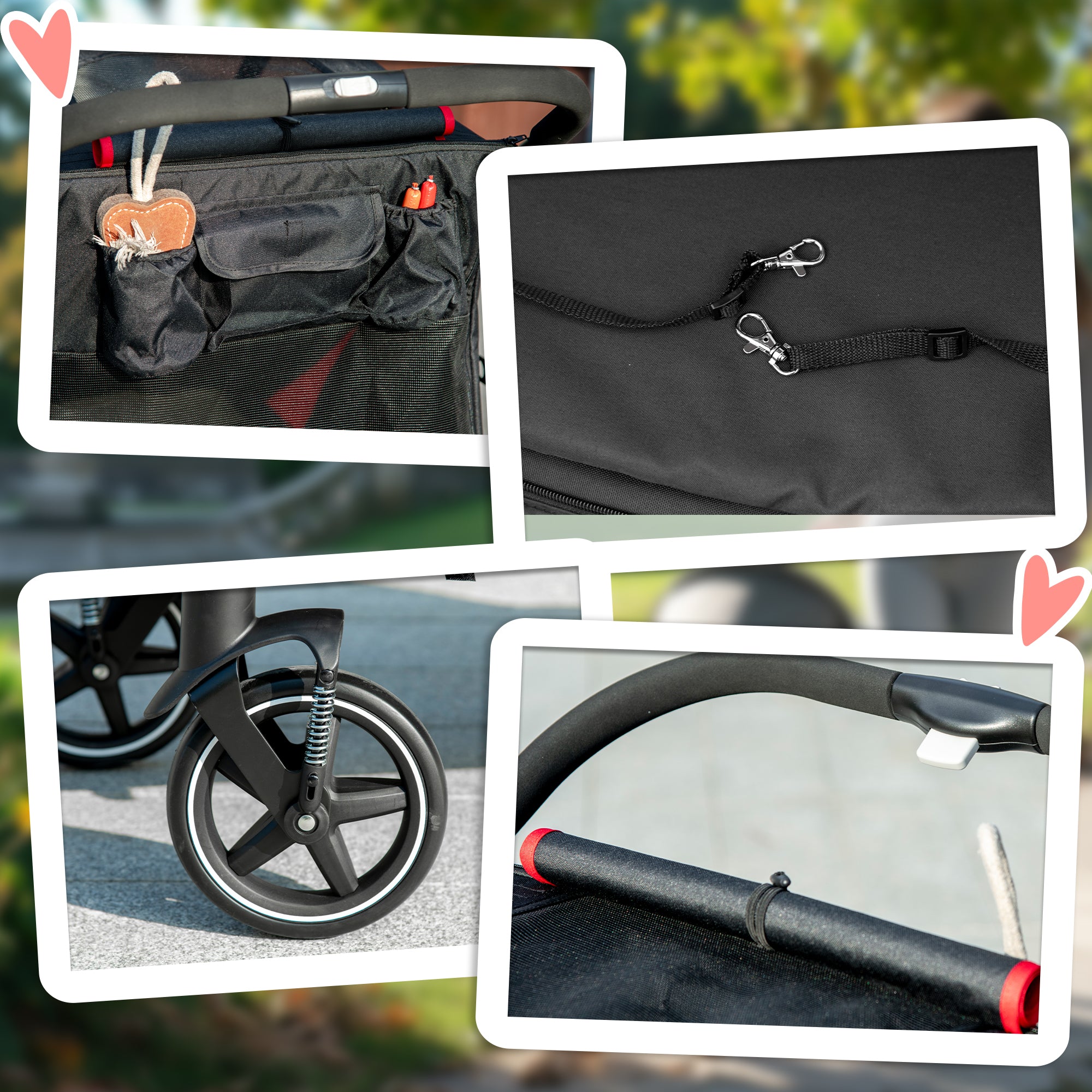 Pet Stroller with Universal Front Wheels, Shock Absorber, One-Click Foldable Dog Cat Carriage with Brakes, Storage Bags, Safety Leash for Large & Medium Dogs, Black