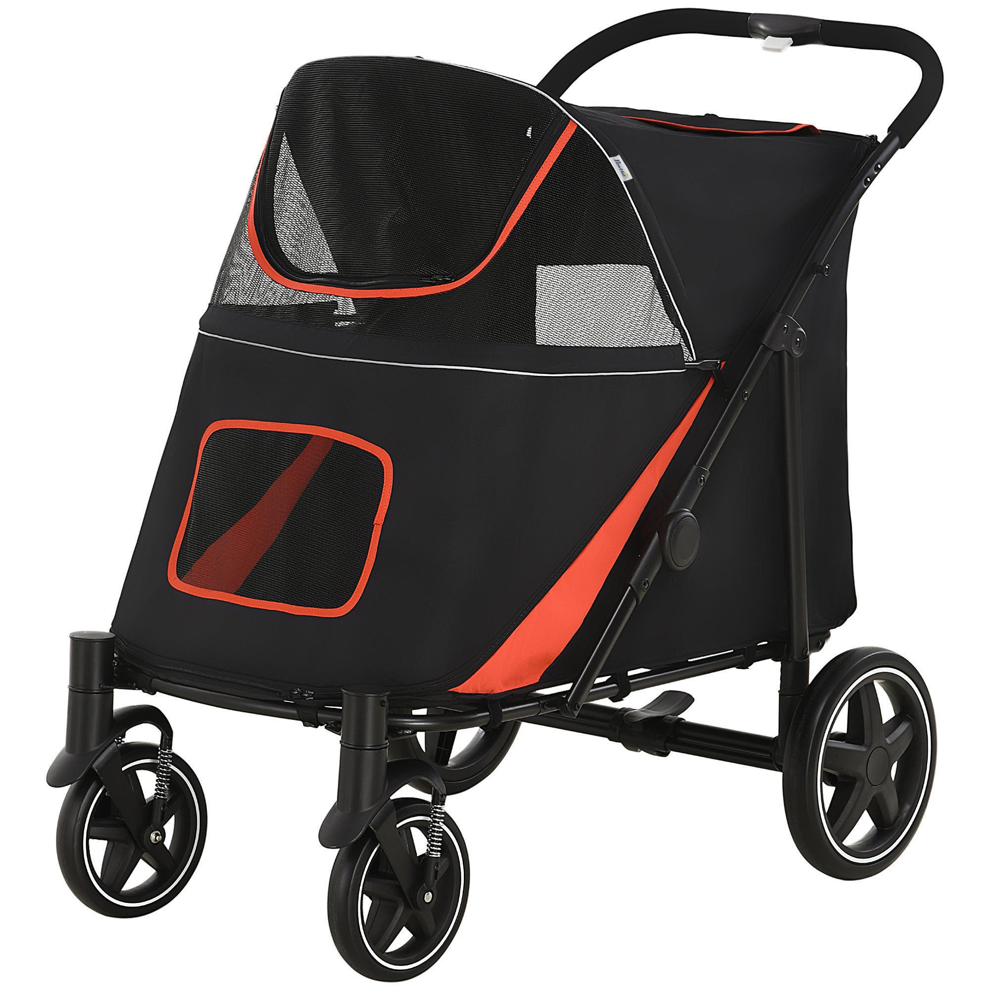 Pet Stroller with Universal Front Wheels, Shock Absorber, One-Click Foldable Dog Cat Carriage with Brakes, Storage Bags, Safety Leash for Large & Medium Dogs, Black