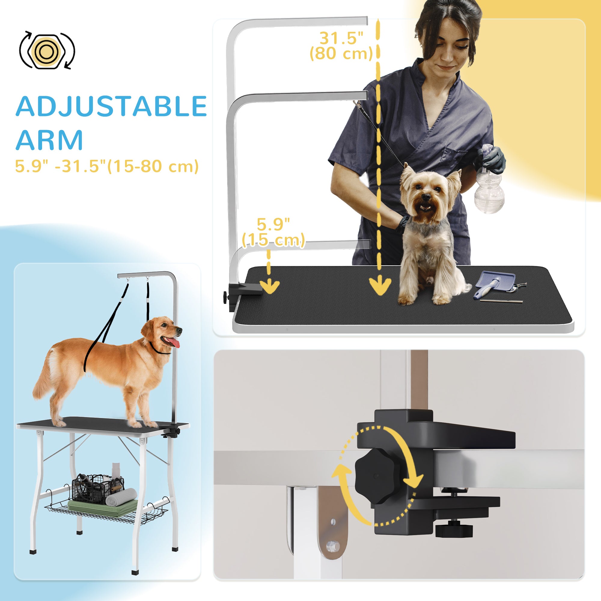 35in Dog Grooming Table with Adjustable Arm, Foldable Pet Grooming Table with Mesh Tray, Two Nooses, Rubber Surface, 35" x 24" x 61", Black