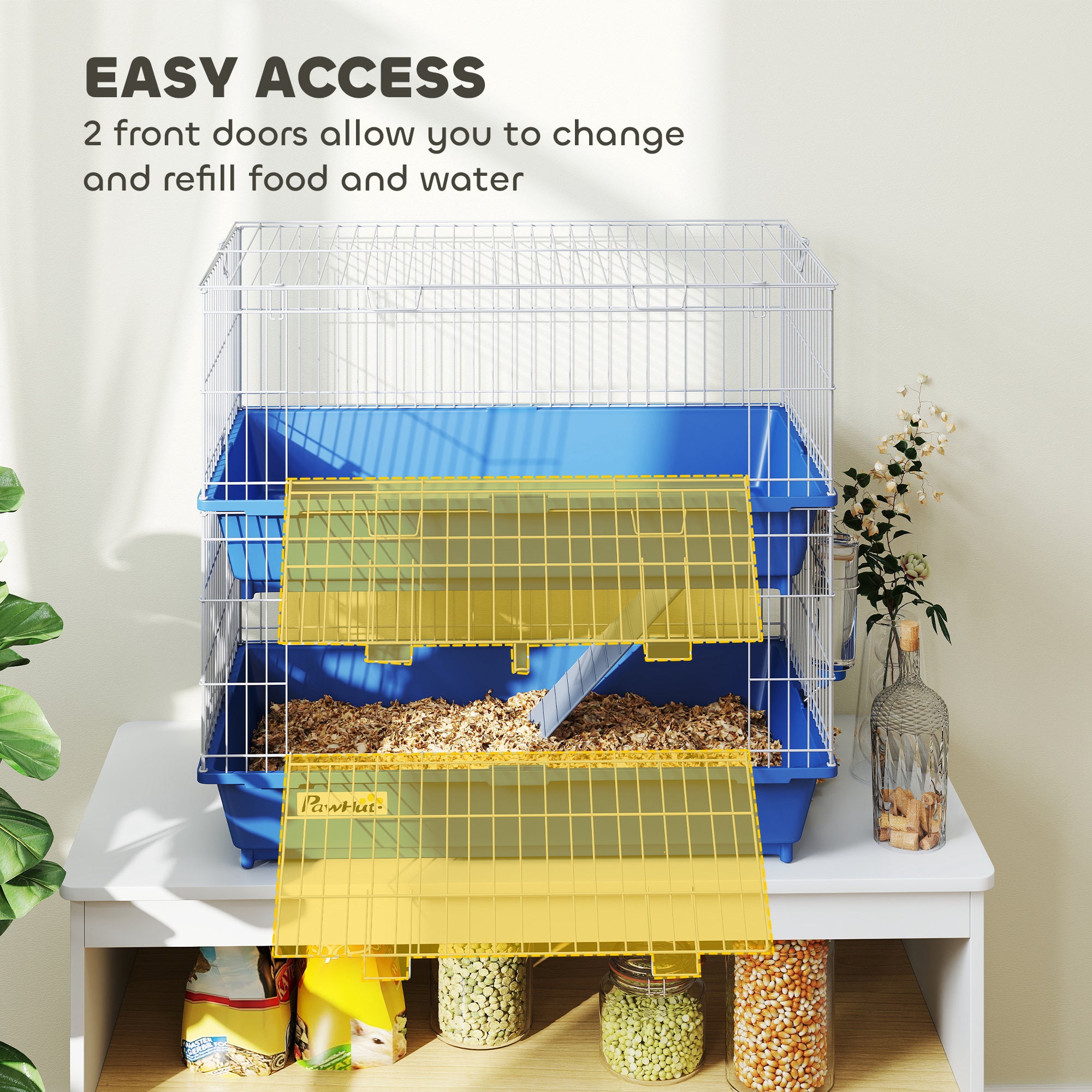 28" 2-Tier Small Animal Cage with 2 Doors, Deep Base, Ramp, Dish & Bottle, Blue