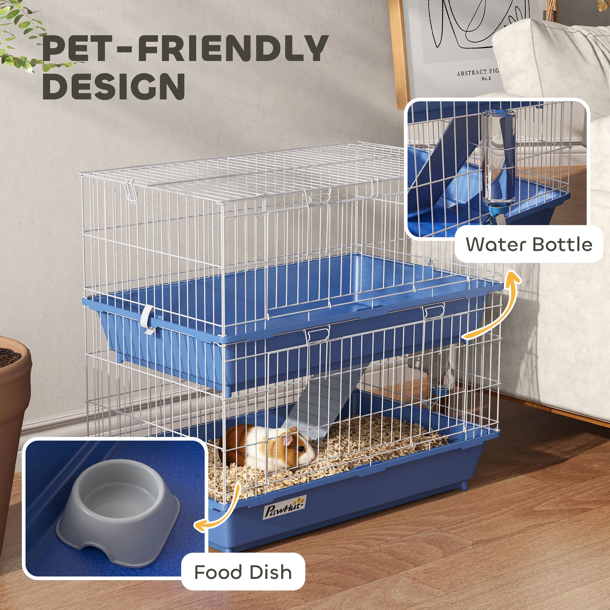 28" 2-Tier Small Animal Cage with 2 Doors, Deep Base, Ramp, Dish & Bottle, Blue