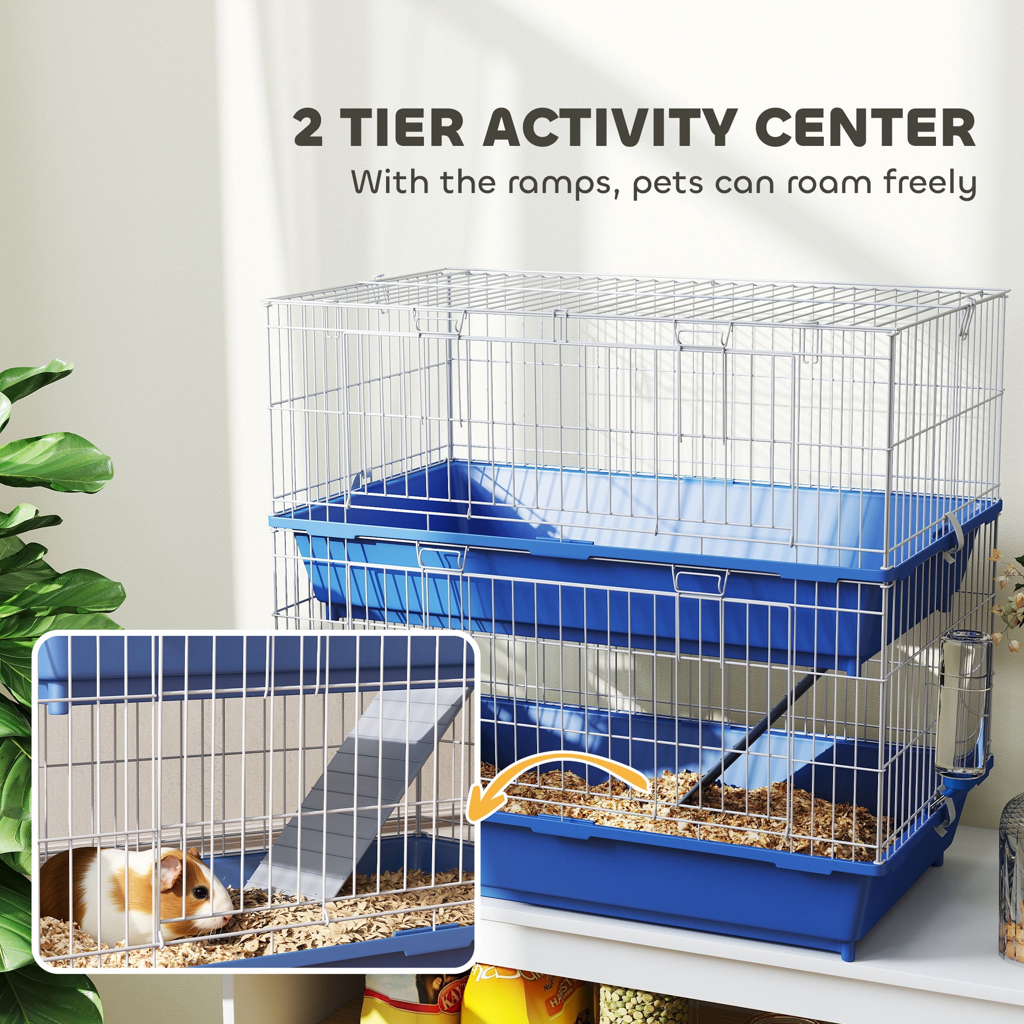28" 2-Tier Small Animal Cage with 2 Doors, Deep Base, Ramp, Dish & Bottle, Blue