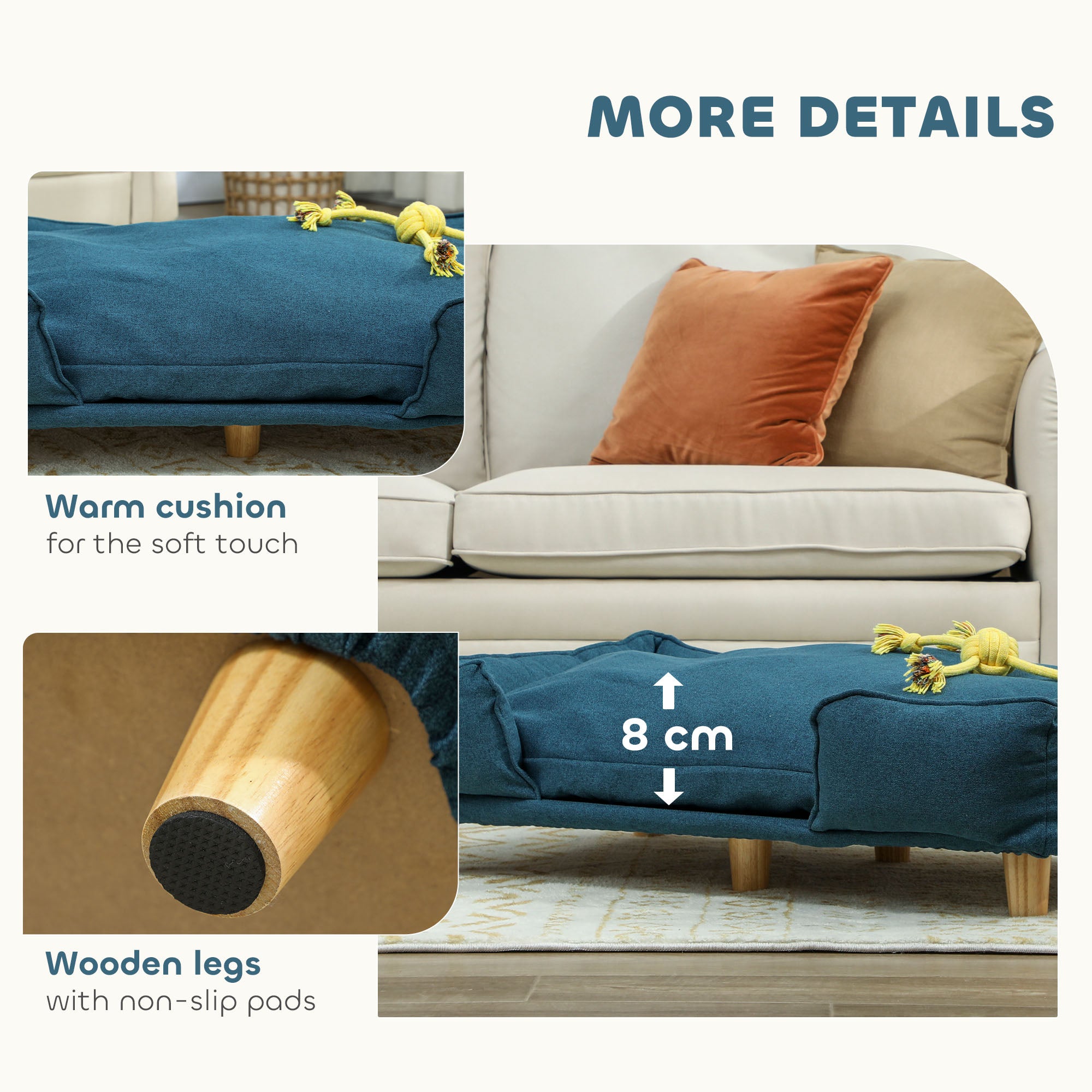 PawHut Large Dog Couch with Plush Cushion & Pine Wood Legs - Dark Blue