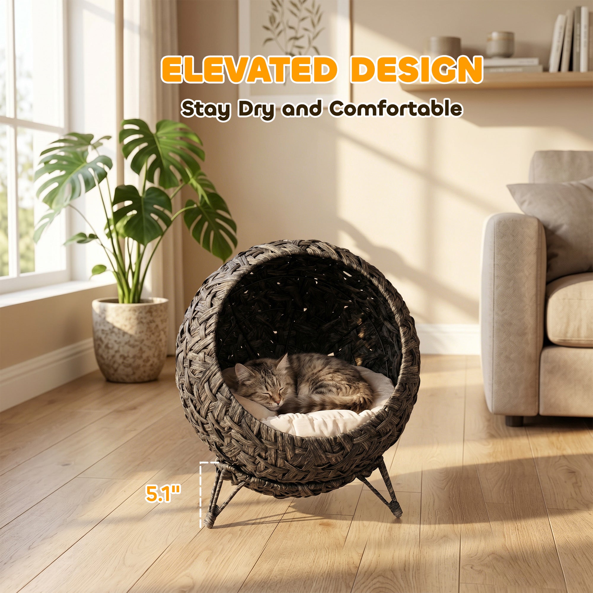 Rattan Cat Bed, Elevated Handwoven Cat Basket Bed with Soft Cushion and Metal Base, Indoor Kitty Furniture, Breathable, for Kittens, Gray