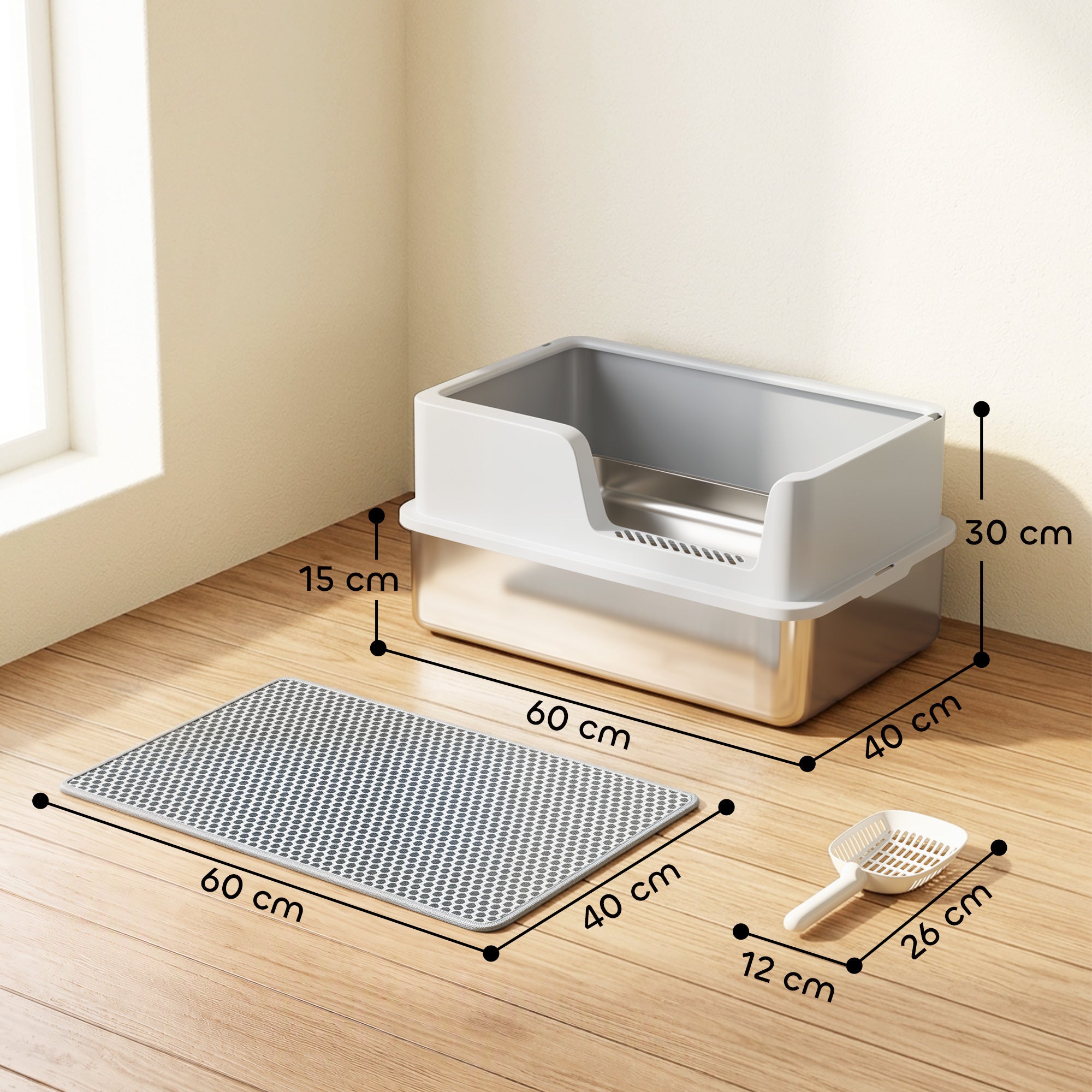 XL Stainless Steel Cat Litter Tray with Lid, High Sided Cat Litter Box with Scoop and Mat for Kittens up to 8 kg, Anti-Spillage, Odor Resistant and Easy to Clean, Light Grey