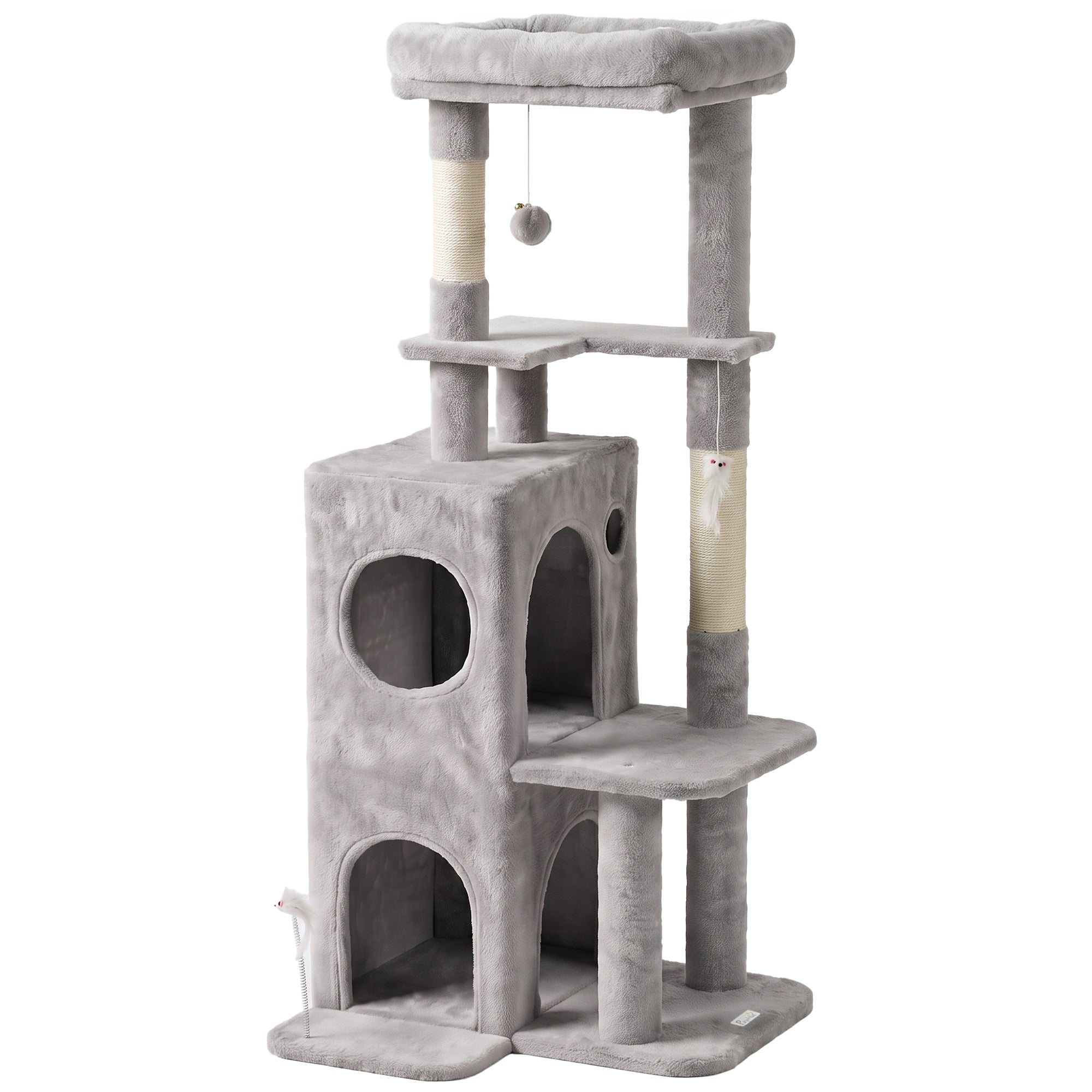 52" Cat Tree, Multi-Level Large Cat Tower House with 2-Tier Condo, Bed, Sisal Scratching Posts and Teaser Toys for Indoor Kittens Activity Center, Light Grey