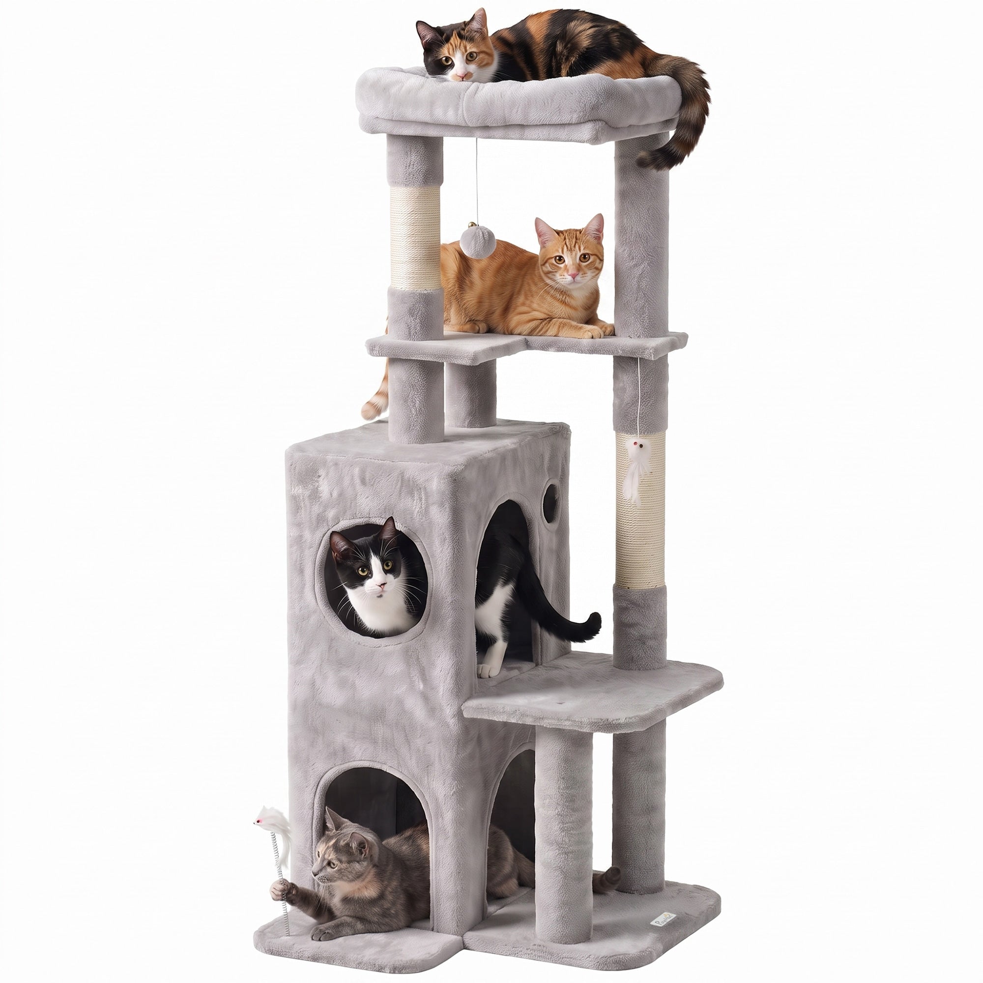 52" Cat Tree, Multi-Level Large Cat Tower House with 2-Tier Condo, Bed, Sisal Scratching Posts and Teaser Toys for Indoor Kittens Activity Center, Light Grey