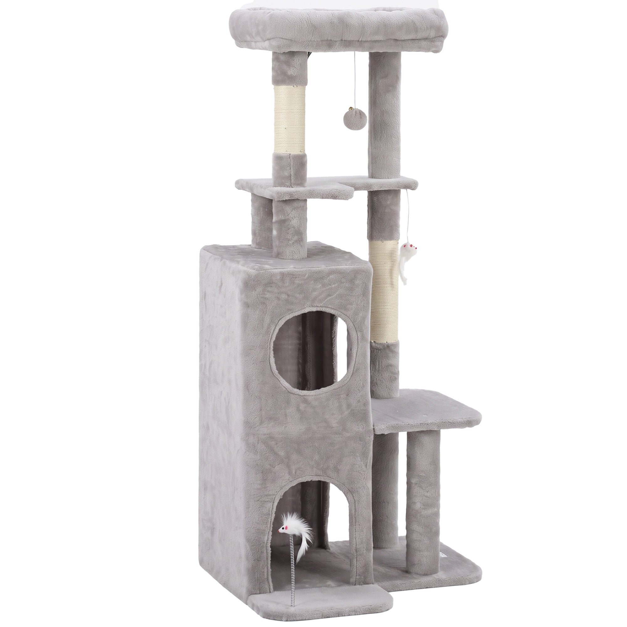 52" Cat Tree, Multi-Level Large Cat Tower House with 2-Tier Condo, Bed, Sisal Scratching Posts and Teaser Toys for Indoor Kittens Activity Center, Light Grey