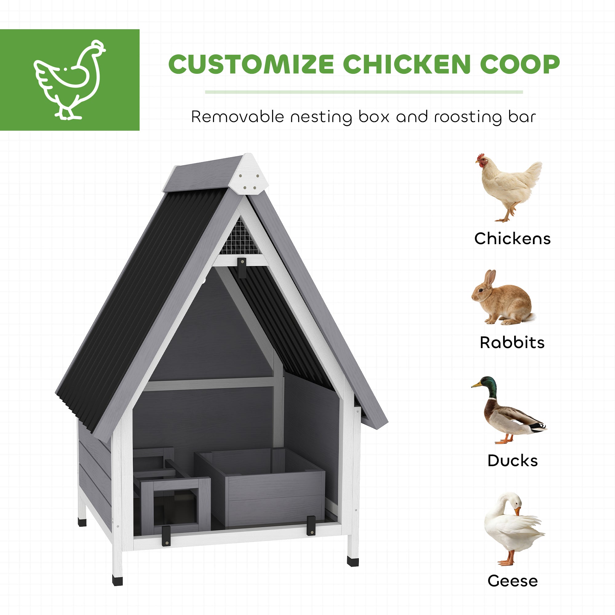 Chicken Coop for 2 Hens, Outdoor Wooden Chicken House with Removable Nesting Box & Roosting Bar, Tray, Ramp, Poultry Cage Rabbit Hutch, 31" x 29" x 43", Grey