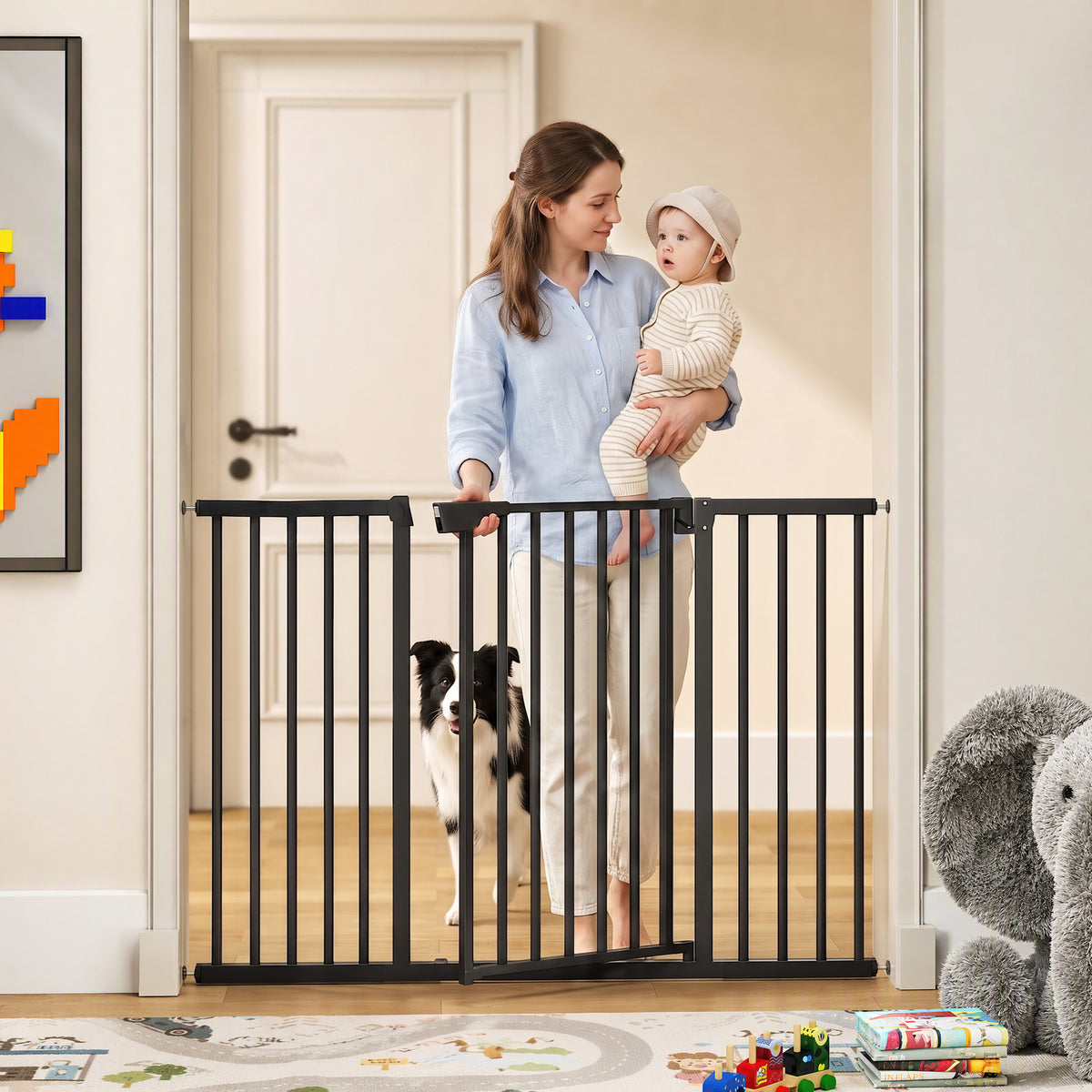 Baby Gate, Pet Gate with 3 Extensions, Auto-Close, Two-Way Open, Pressure Mounted for Stair, Doorways and Hallways, 36"H, Black