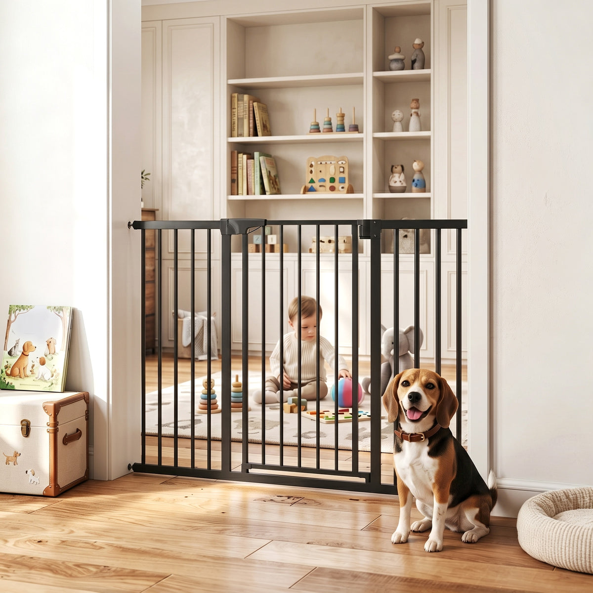 Baby Gate, Pet Gate with 3 Extensions, Auto-Close, Two-Way Open, Pressure Mounted for Stair, Doorways and Hallways, 36"H, Black