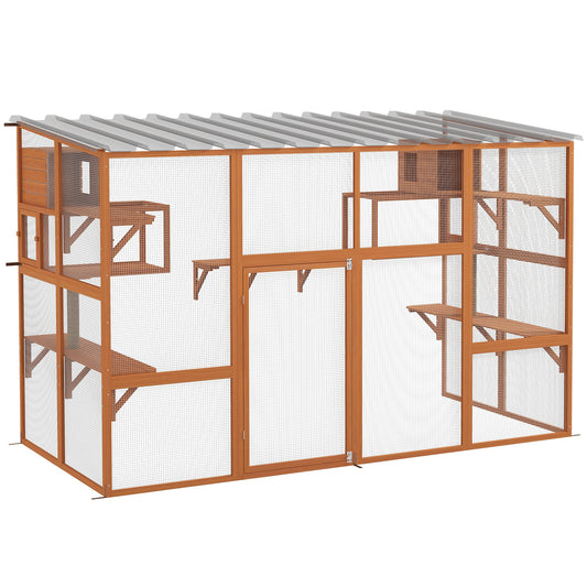 Catio Outdoor Cat Enclosure, 76"Large Wooden Outdoor Cat House with Condos, Jumping Platforms, Scratching Posts, Waterproof Roof, Walk-in Kitty Cage for 1–5 Kittens, Orange