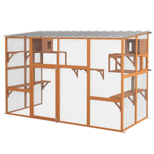 Catio Outdoor Cat Enclosure, 76"Large Wooden Outdoor Cat House with Condos, Jumping Platforms, Scratching Posts, Waterproof Roof, Walk-in Kitty Cage for 1–5 Kittens, Orange
