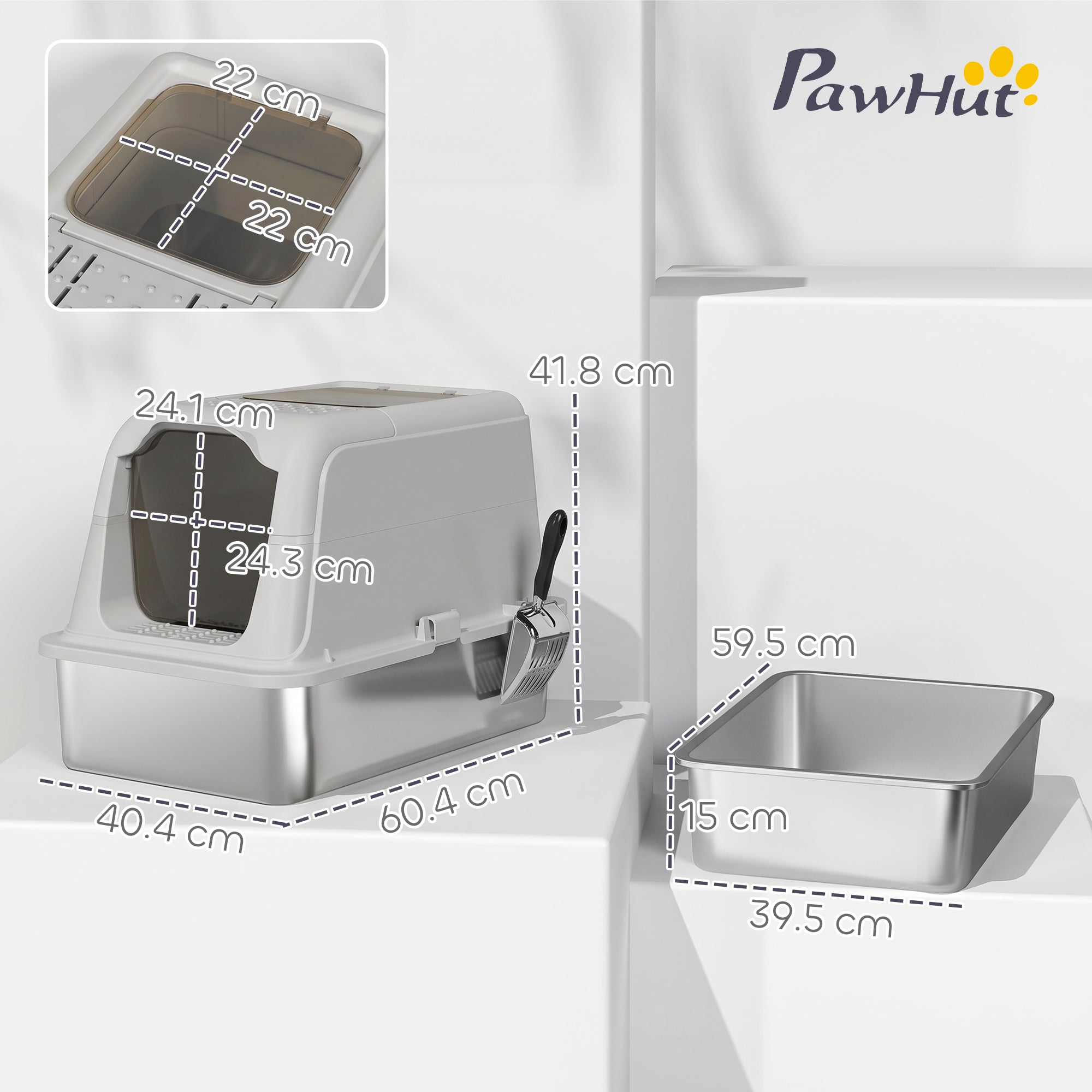 Stainless Steel Litter Box with Lid, Extra Large Hooded Cat Litter Tray for Big Cats with Front-Entry and Top-Exit, Metal Scoop, Deodorizer Bag, Non-Sticky, Odour Control and Easy Clean