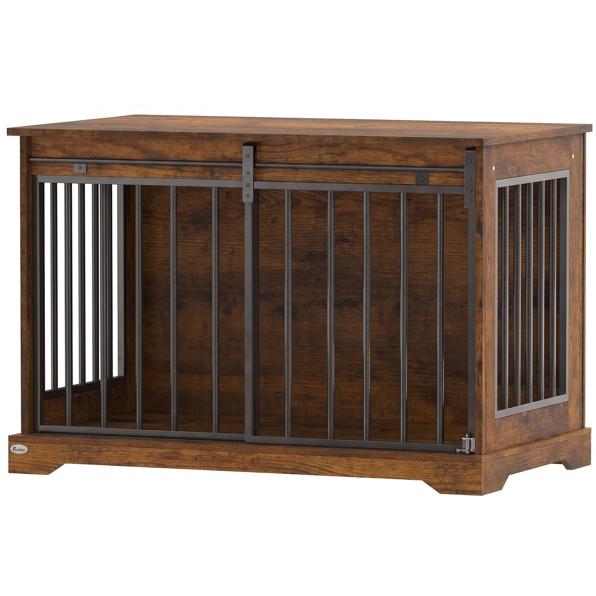 Dog Crate Furniture, 100 cm Wooden Dog Kennel Indoor Double Door with Sliding Barn Door, Decorative Pet Kennel End Side Table for Large Breeds, Tiger Wood Grain, Black
