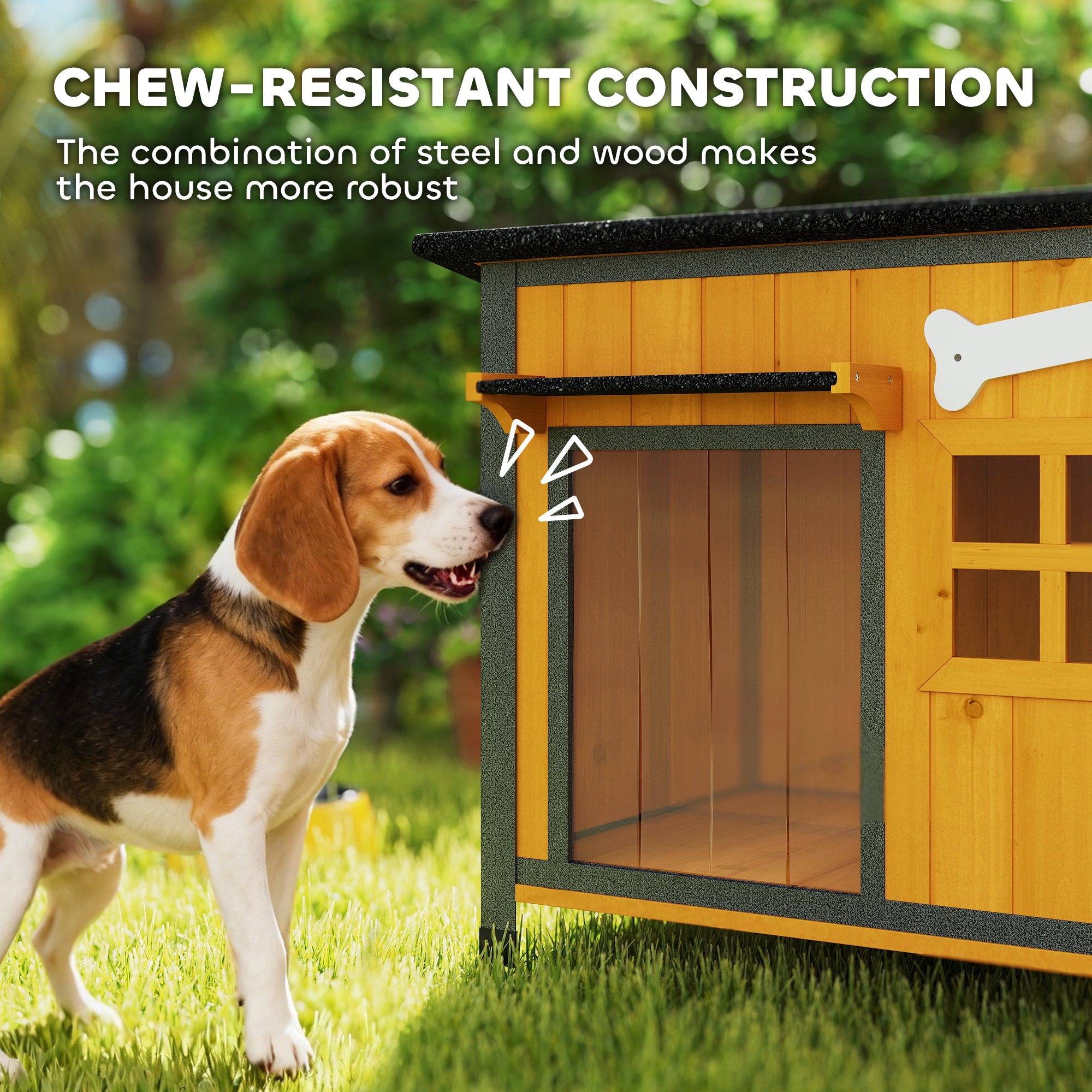 Dog House Anti-Chewing Steel Frame, Wooden Dog Kennel House with Openable Roof, Removable Floor, Door Curtain, Weatherproof Pet Shelter for Outdoor Indoor