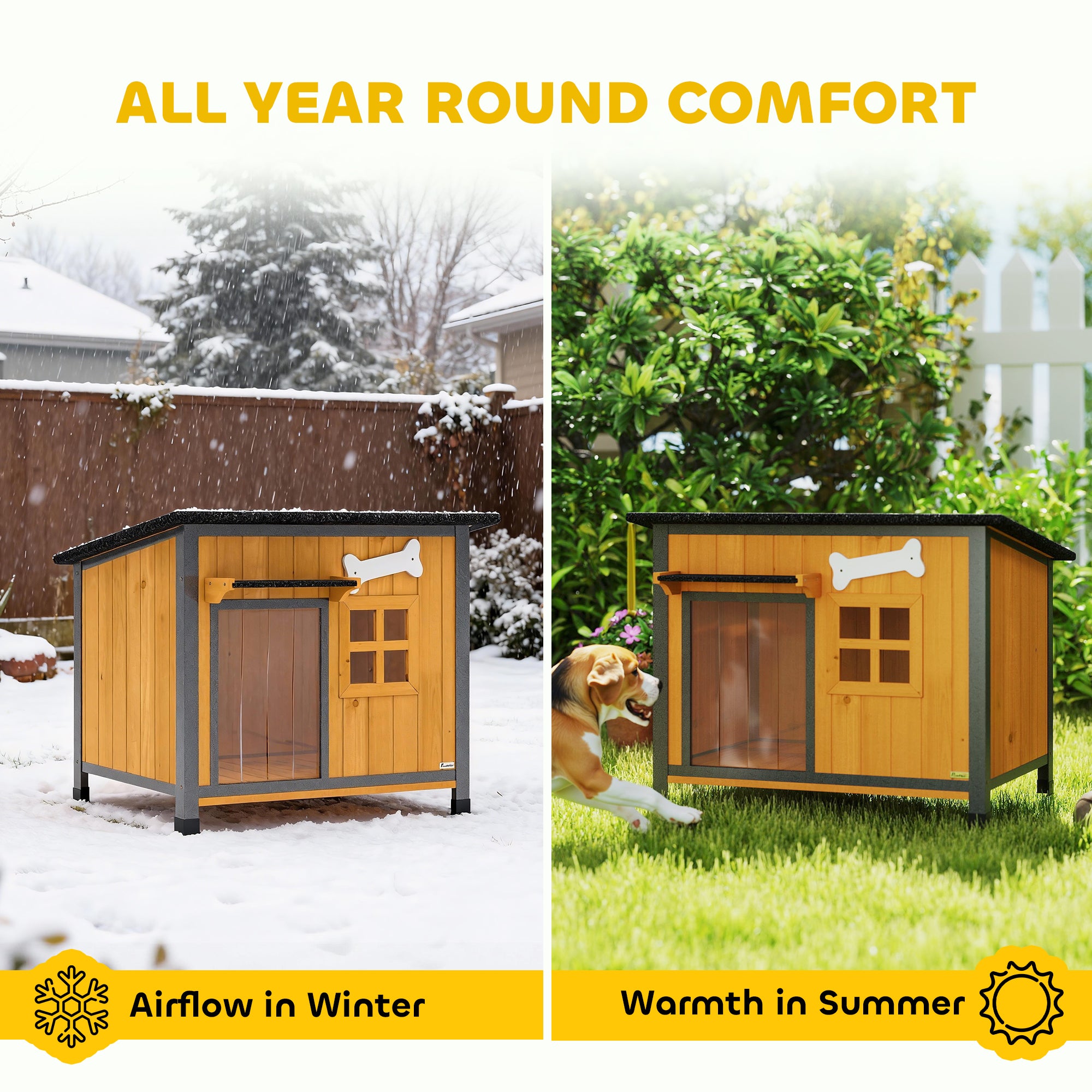 Dog House Anti-Chewing Steel Frame, Wooden Dog Kennel House with Openable Roof, Removable Floor, Door Curtain, Weatherproof Pet Shelter for Outdoor Indoor