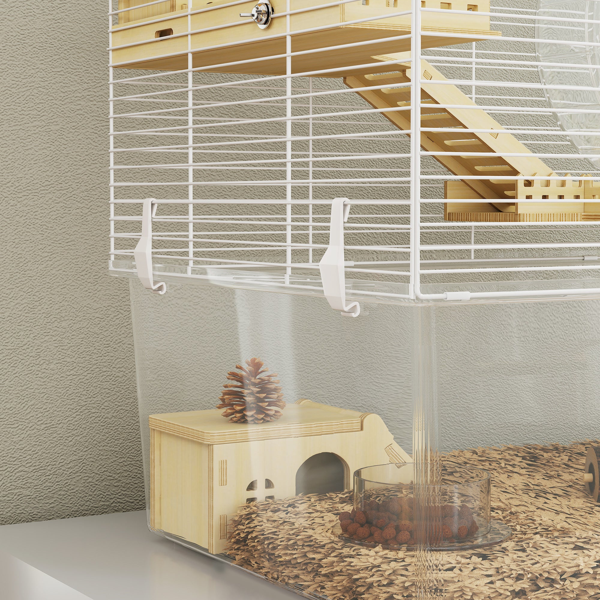 Hamster Cage, Transparent Small Animal House with Deep Bottom, Wooden Ramp, Hut, Bathroom and Exercise Wheel for Hamster and Gerbil, 23.2" L x 14" W x 18.5" H, Two Huts