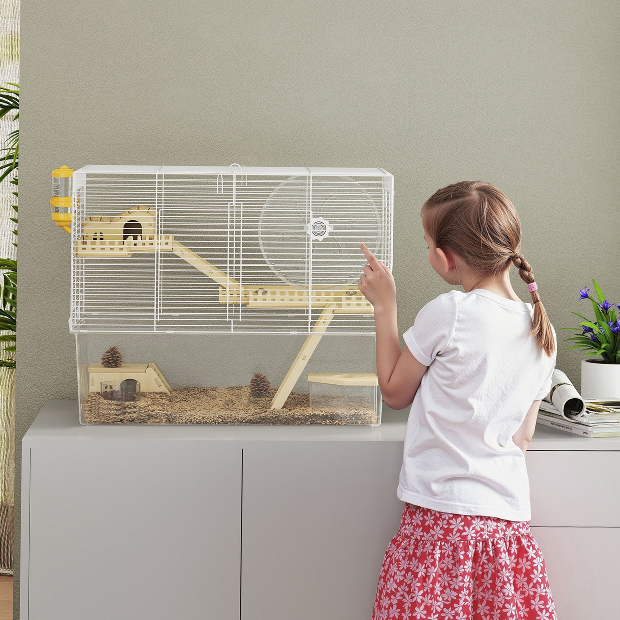 Hamster Cage, Transparent Small Animal House with Deep Bottom, Wooden Ramp, Hut, Bathroom and Exercise Wheel for Hamster and Gerbil, 23.2" L x 14" W x 18.5" H, Two Huts