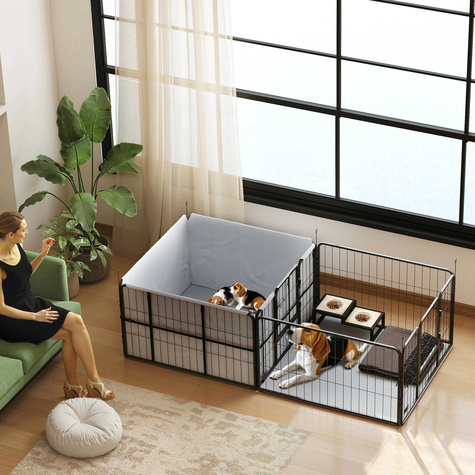 Whelping Box for Dogs, Puppies, 7 Panel Dog Playpen with Two Rooms, Washable Whelping Pads, Water-Resistant Oxford Fabric, Two Doors, for Small and Medium Dogs