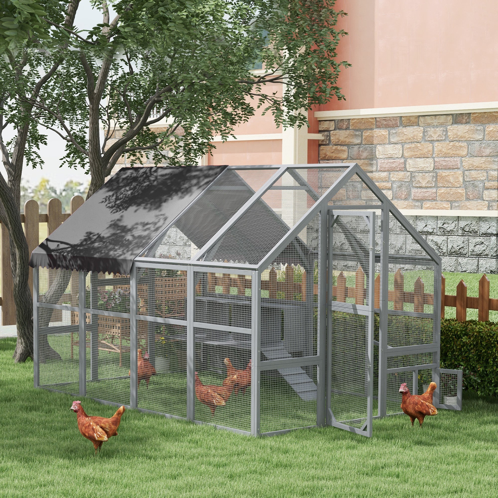 Large Chicken Run, Wooden Chicken Coop with Waterproof & Anti-UV Cover, Split Door, 4 Nesting Boxes, Roosting Bar, Walk-in Chicken Pen for 8-12 Chickens, for Backyard, Farm, 9' x 6' x 6'