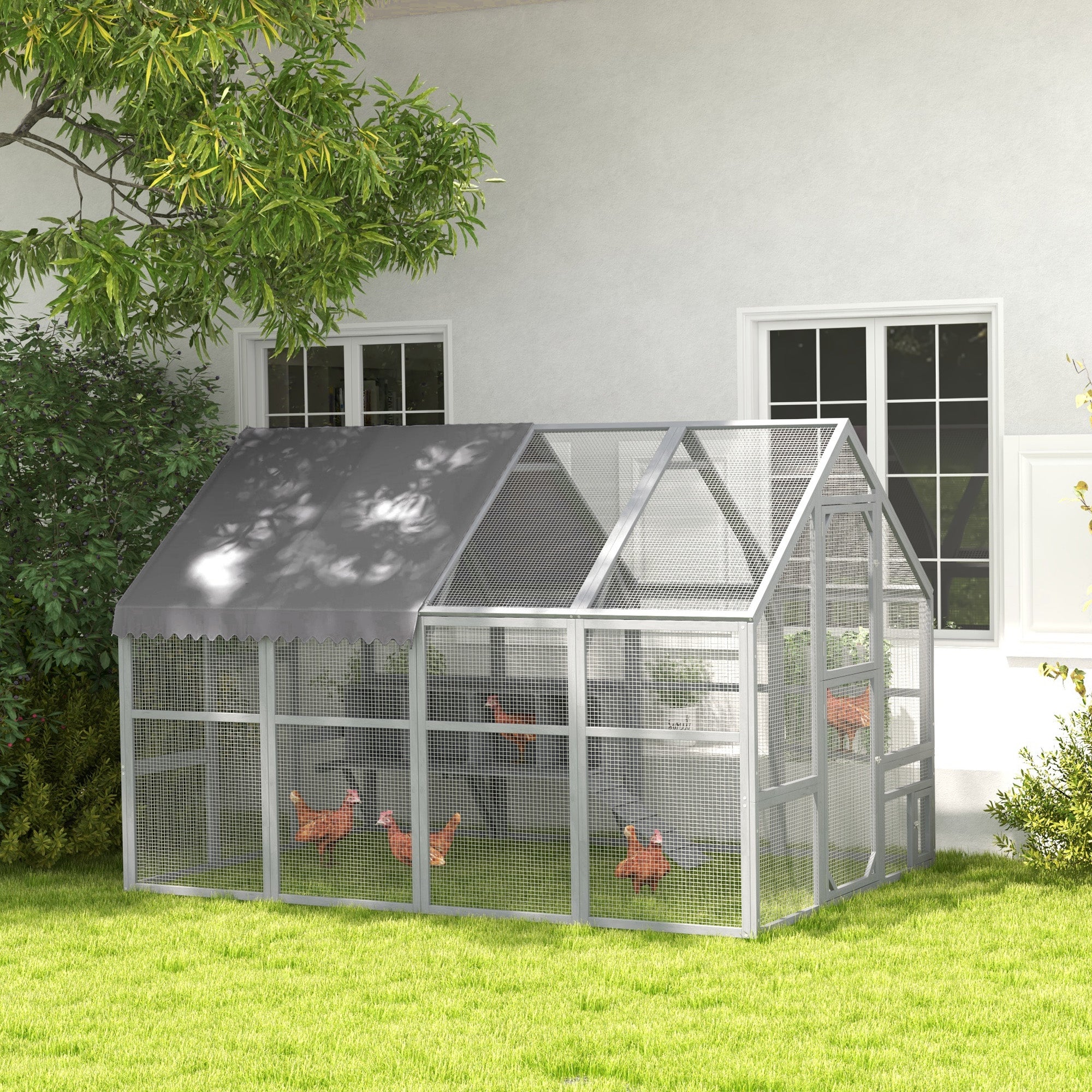 Large Chicken Run, Wooden Chicken Coop with Waterproof & Anti-UV Cover, Split Door, 4 Nesting Boxes, Roosting Bar, Walk-in Chicken Pen for 8-12 Chickens, for Backyard, Farm, 9' x 6' x 6'