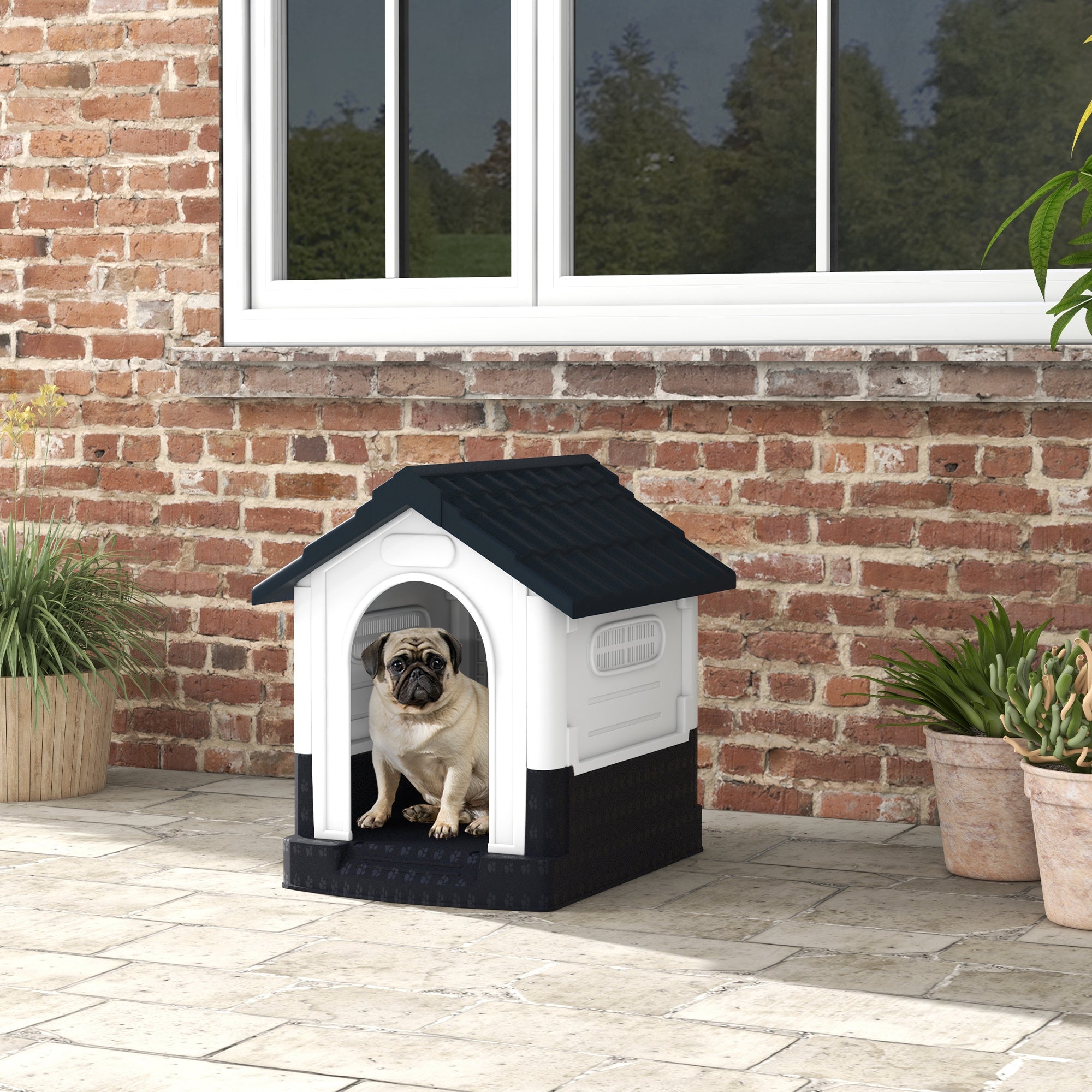 Outdoor Dog House, Plastic Dog Kennel, Water-Resistant Pet Shelter with Windows, Base Support for Garden Patio, Miniature Dogs, 25" x 22" x 26" - Dark Grey