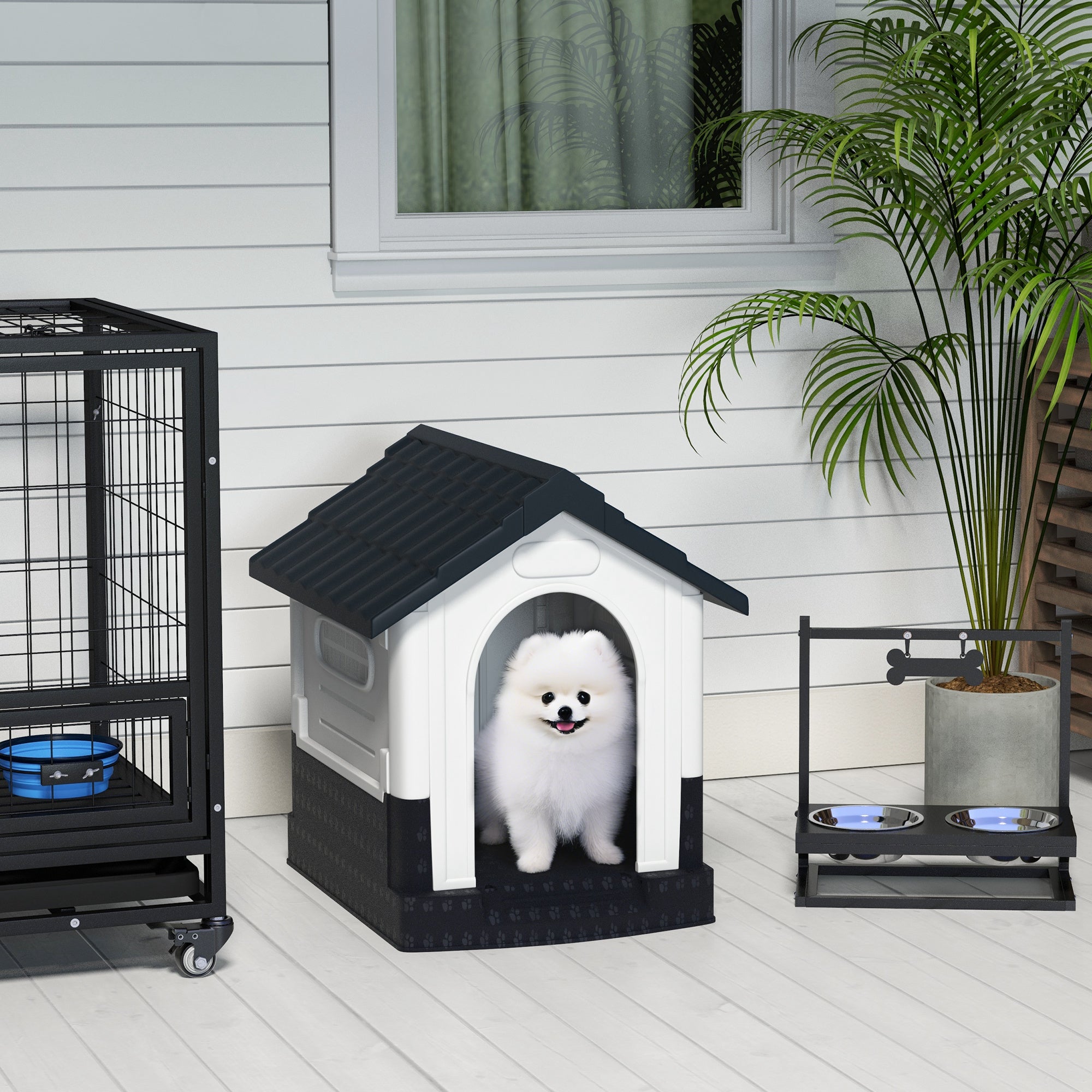 Outdoor Dog House, Plastic Dog Kennel, Water-Resistant Pet Shelter with Windows, Base Support for Garden Patio, Miniature Dogs, 25" x 22" x 26" - Dark Grey