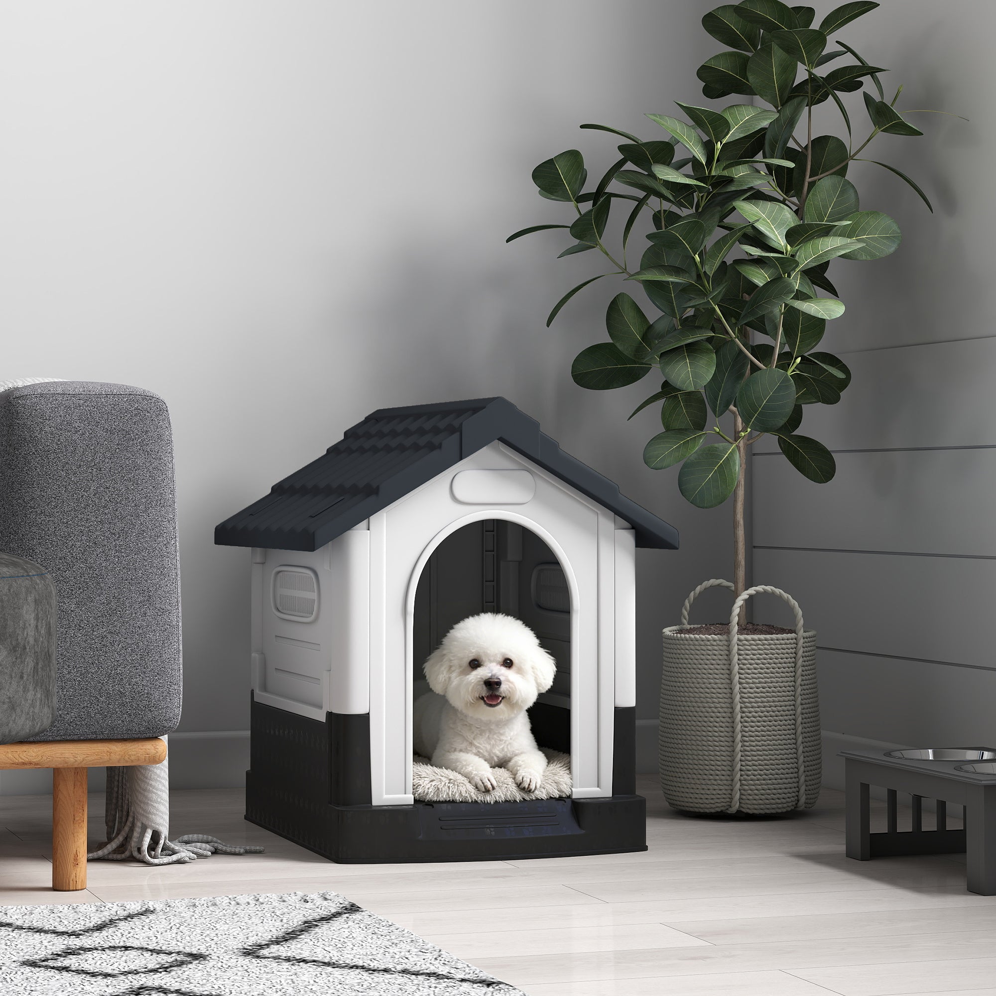 Outdoor Dog House, Plastic Dog Kennel, Water-Resistant Pet Shelter with Windows, Base Support for Garden Patio, Miniature Dogs, 25" x 22" x 26" - Dark Grey